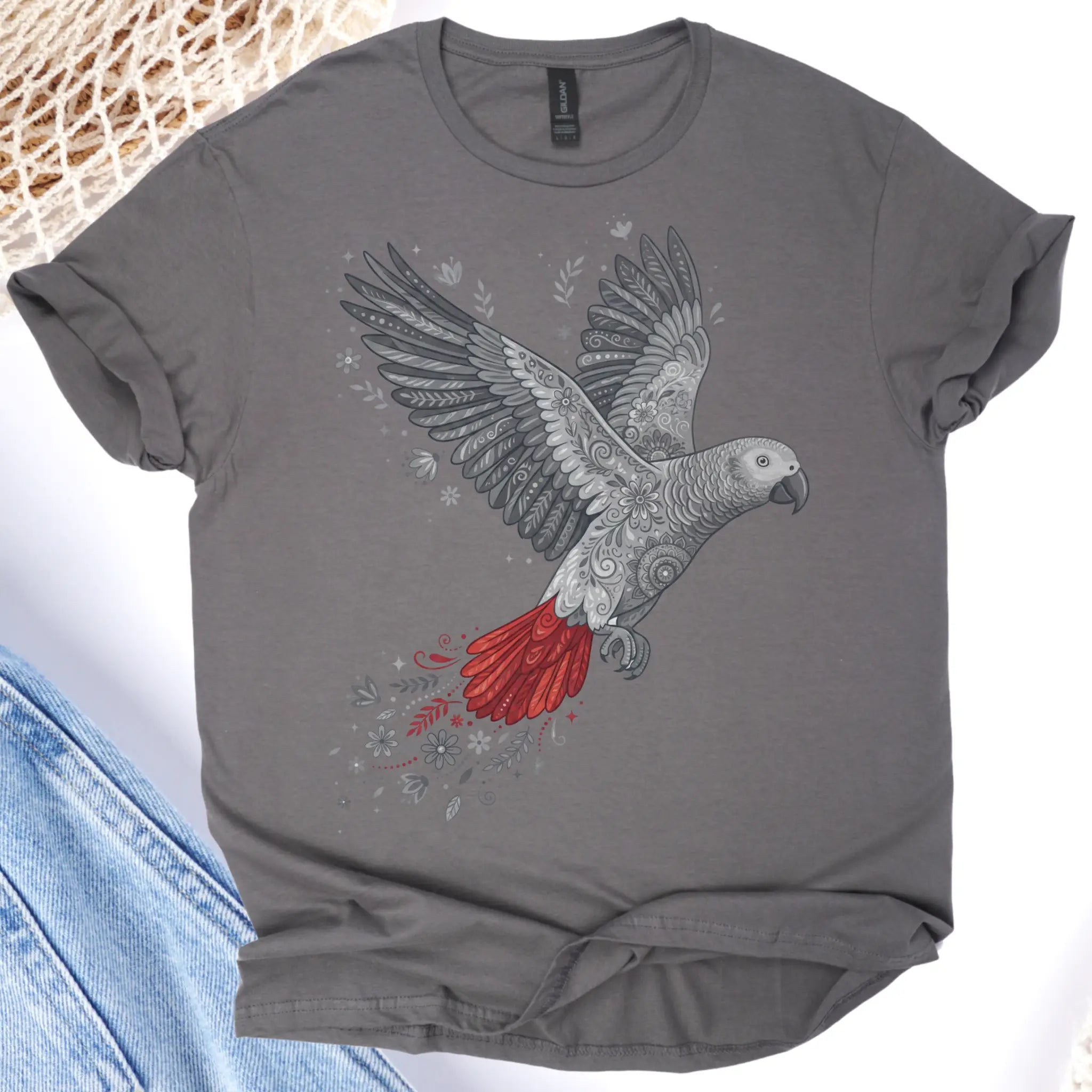 Gray t-shirt with a parrot design on a white background