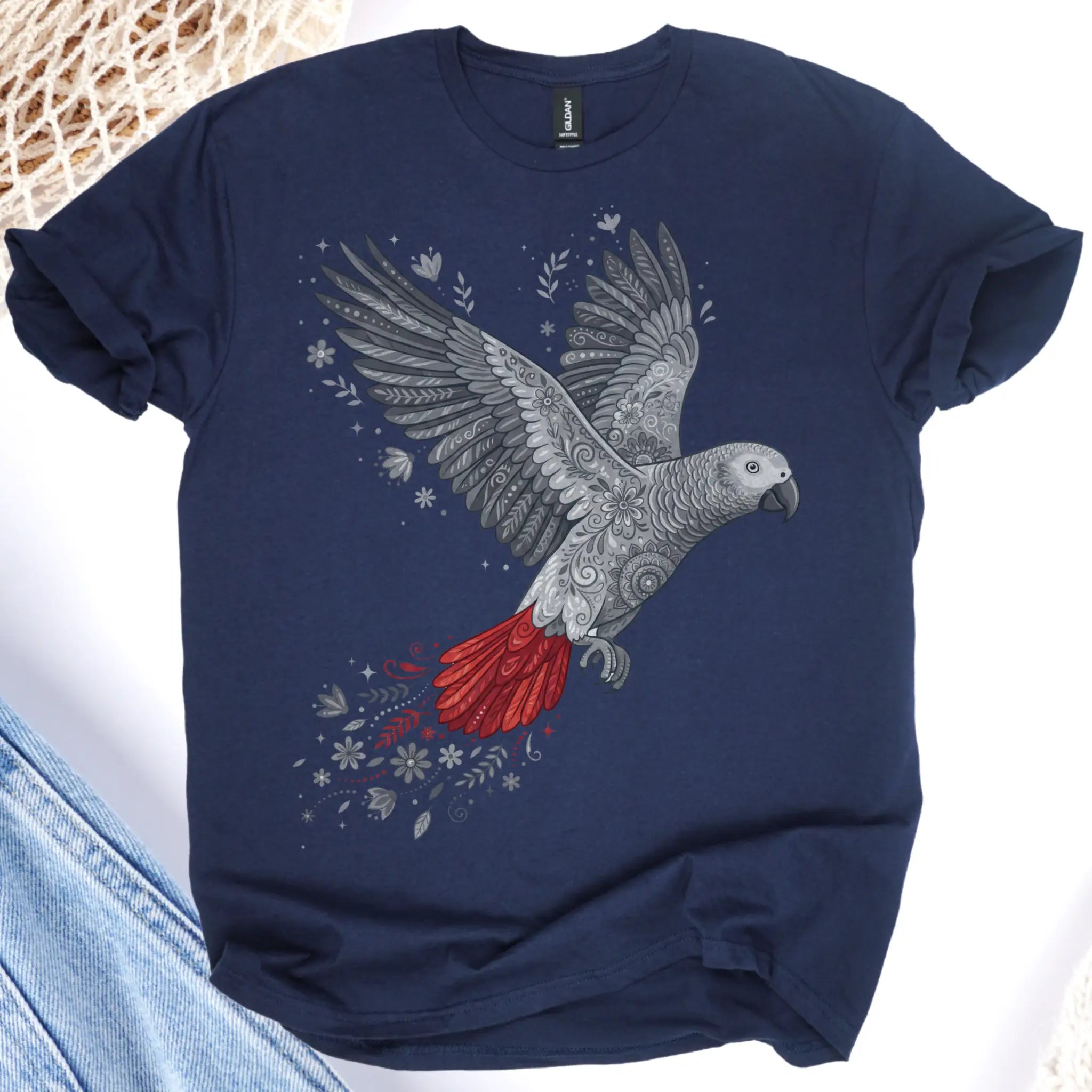 Navy blue t-shirt with a parrot design on a white background