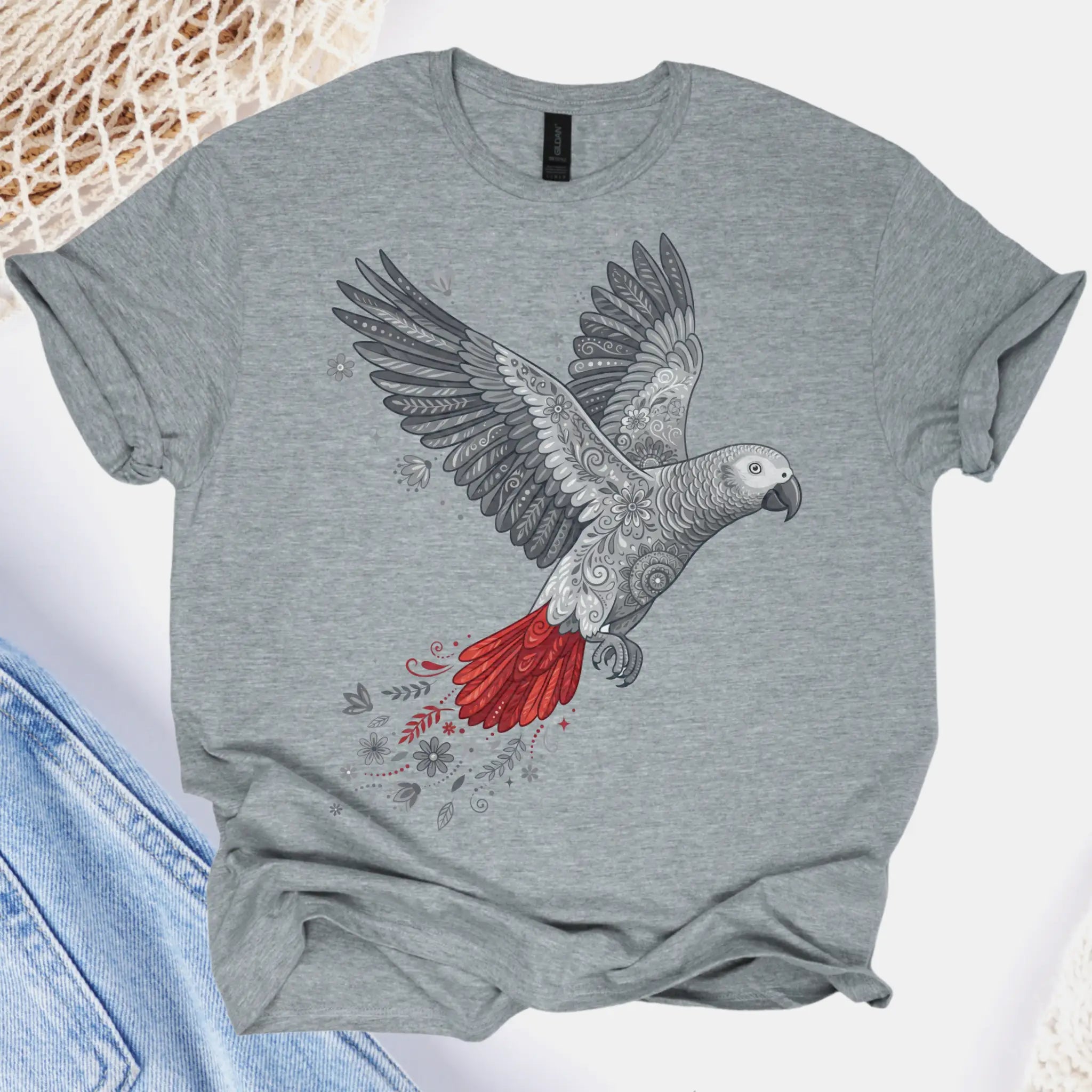 Gray t-shirt with a parrot design on a white background