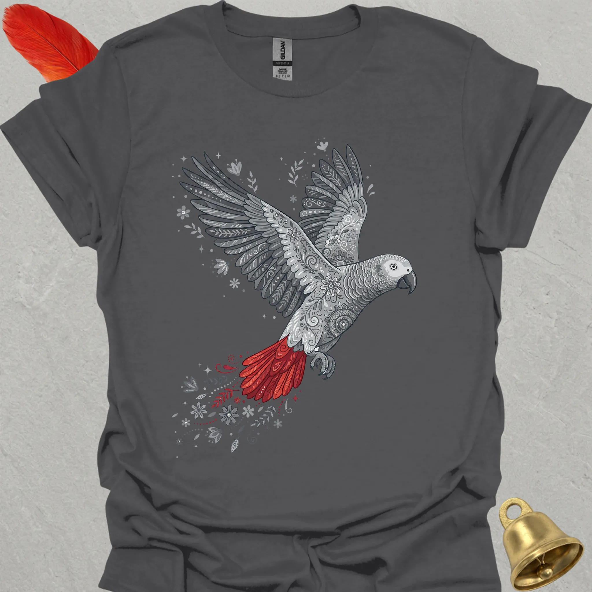 African Grey Parrot Flying Flower T-Shirt