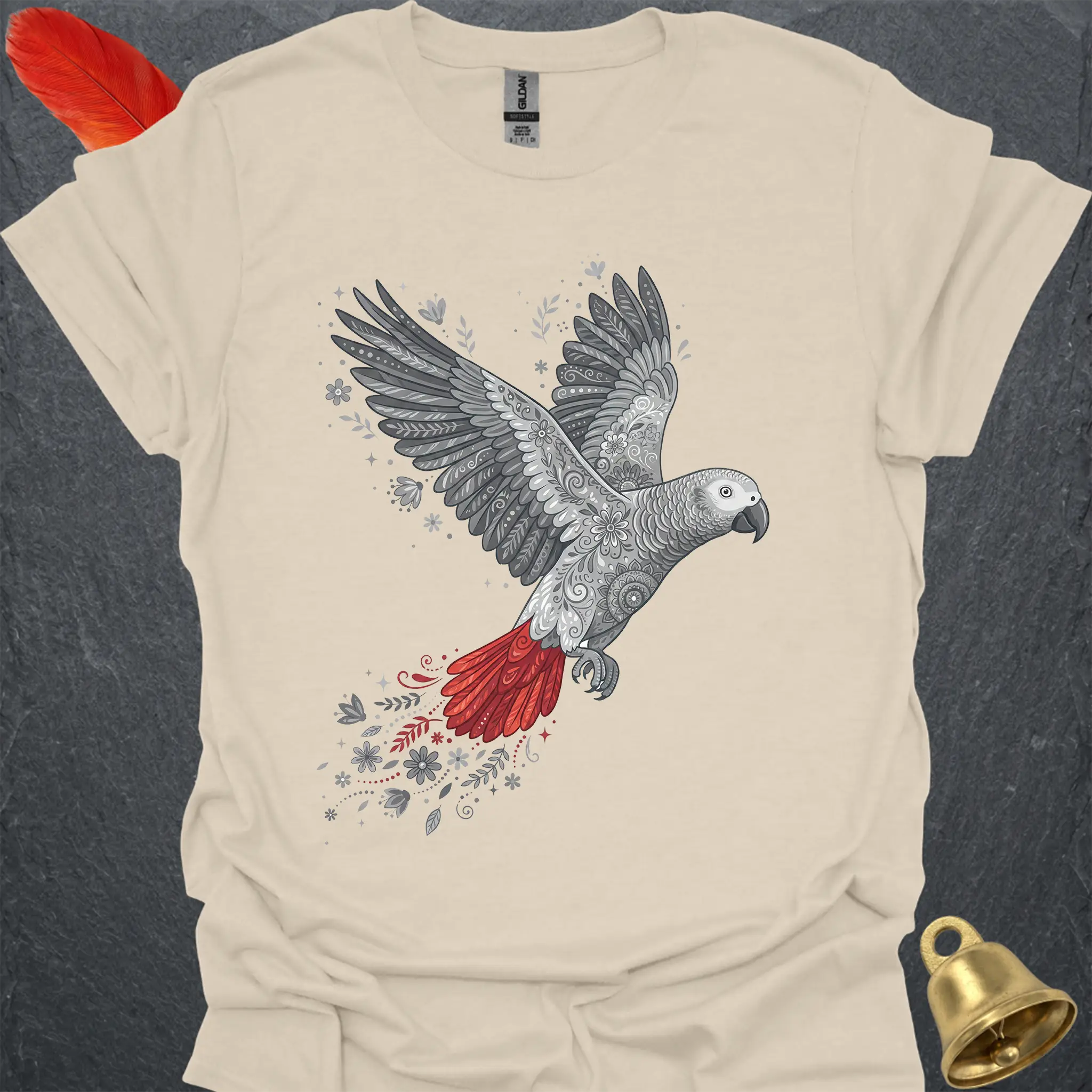 African Grey Parrot Flying Flower T-Shirt