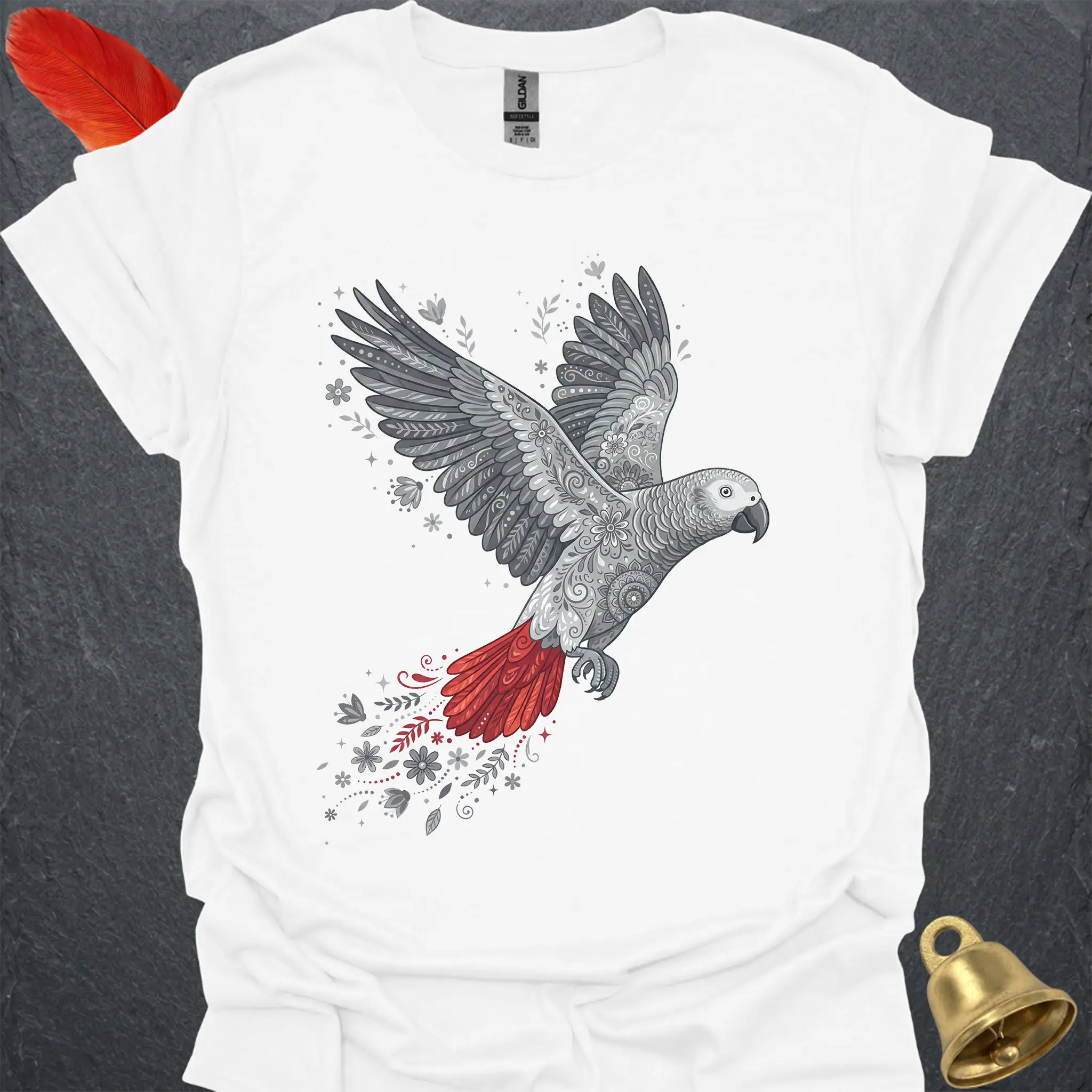 African Grey Parrot Flying Flower T-Shirt