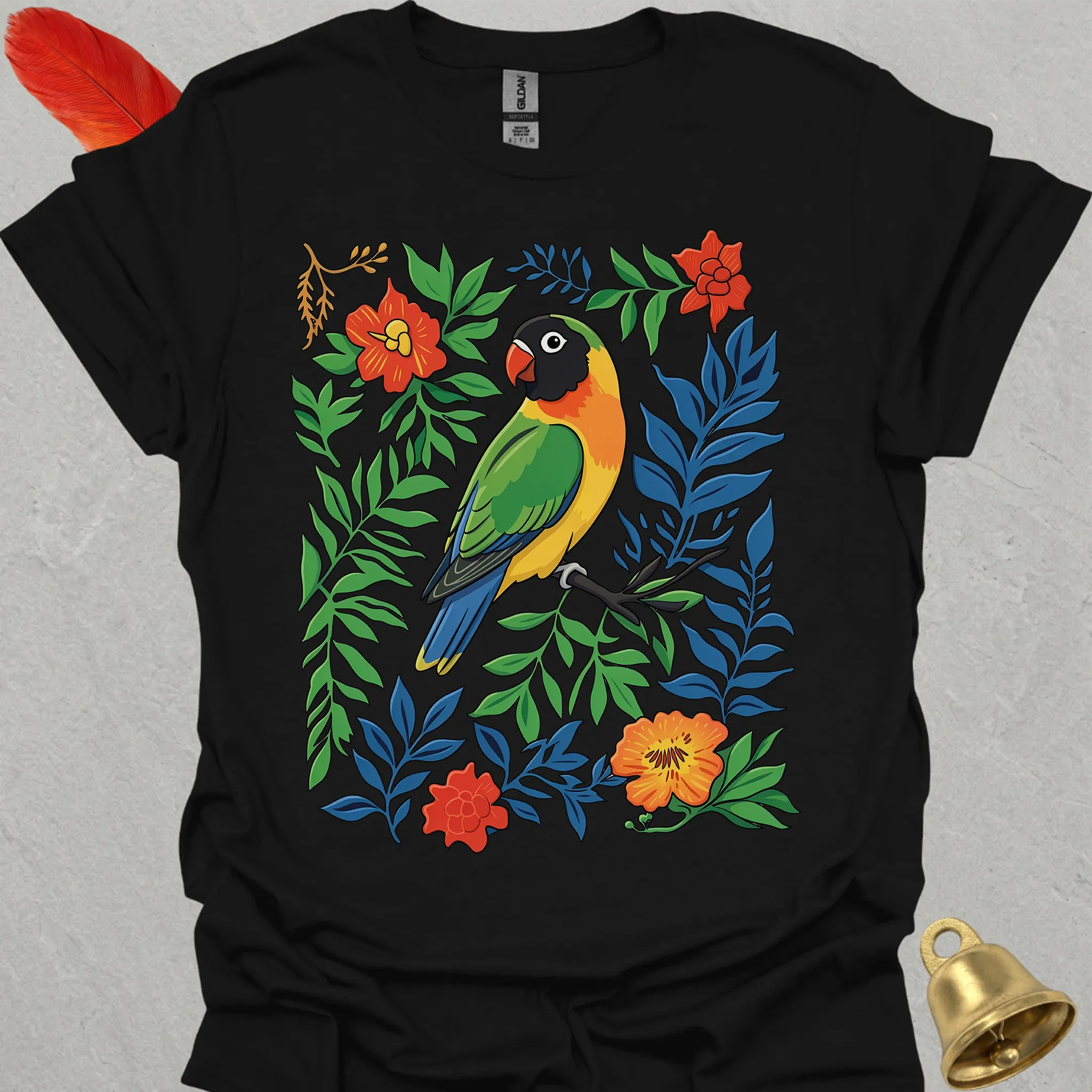 Black-Masked Lovebird Boho Flower T-Shirt