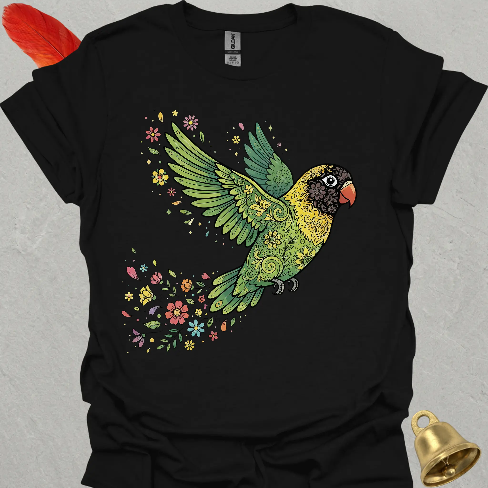Black-Masked Lovebird Flying Flower T-Shirt
