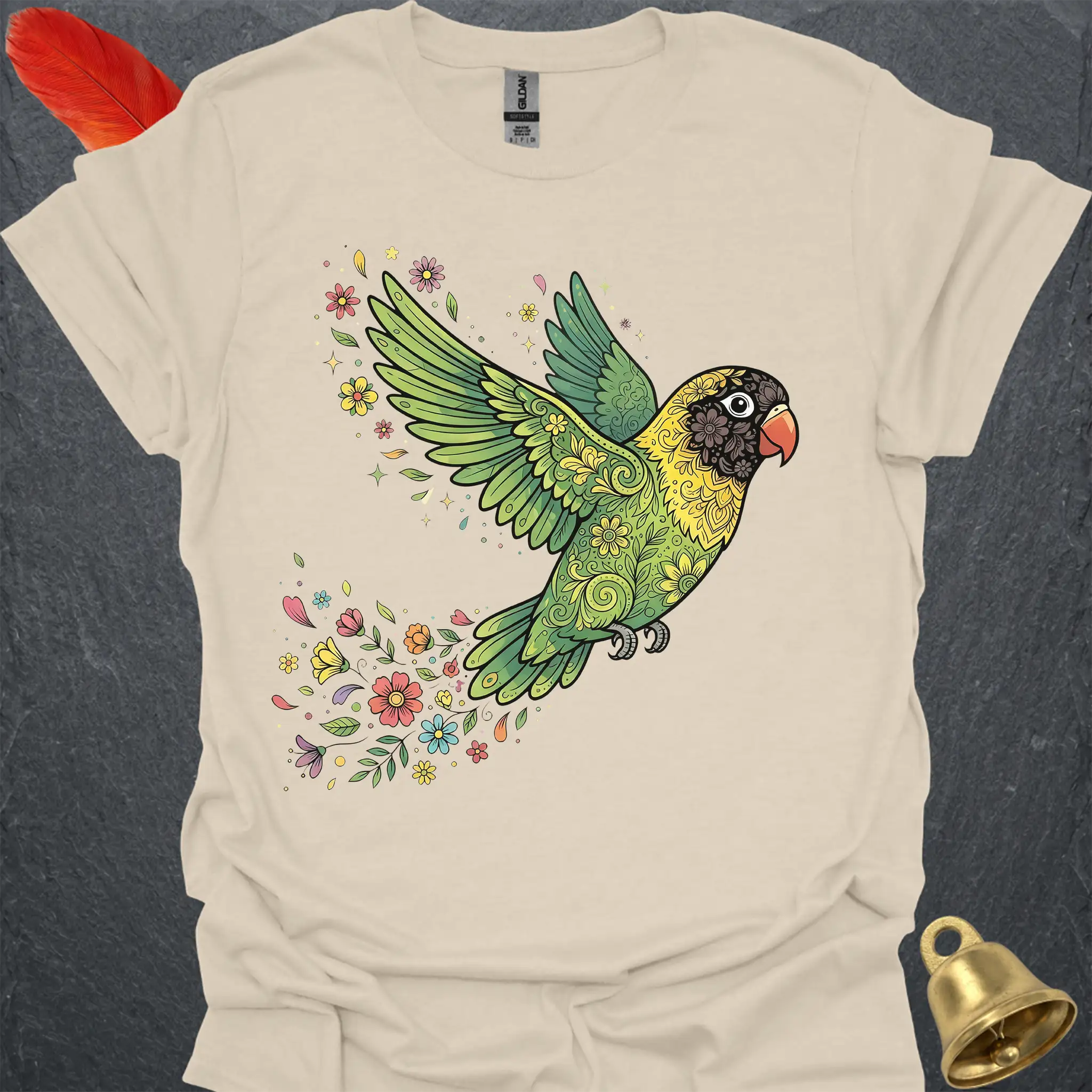 Black-Masked Lovebird Flying Flower T-Shirt