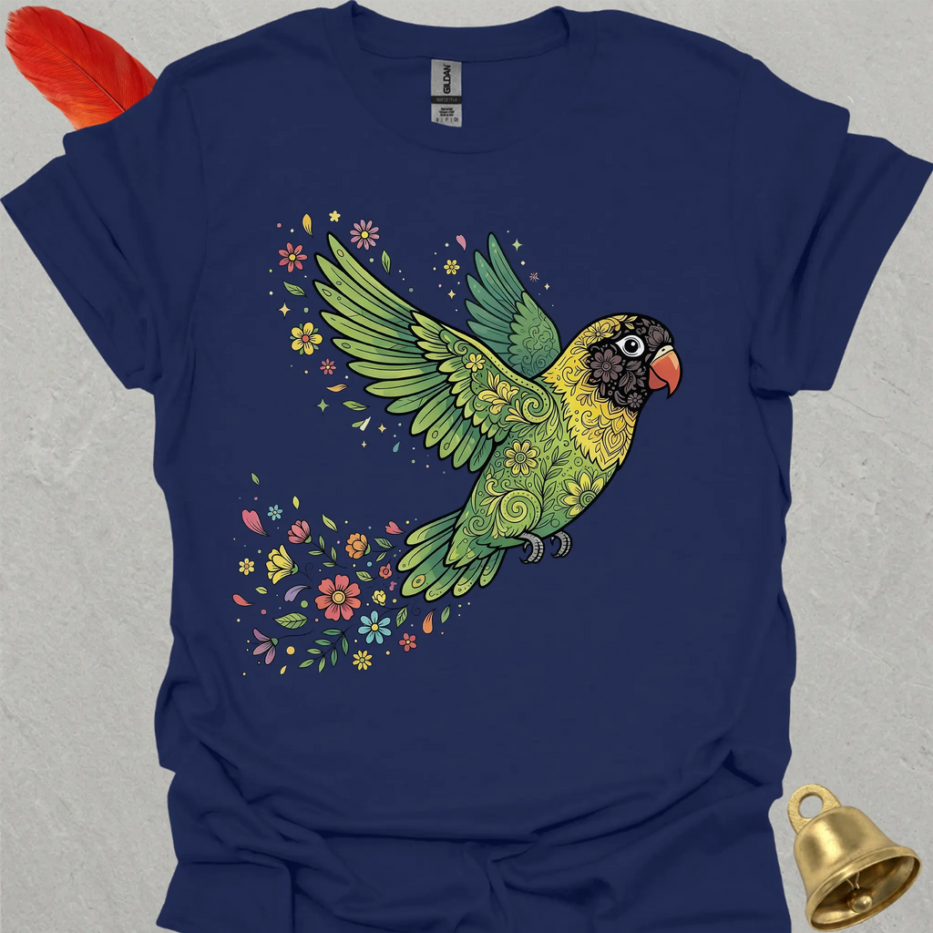 Black-Masked Lovebird Flying Flower T-Shirt