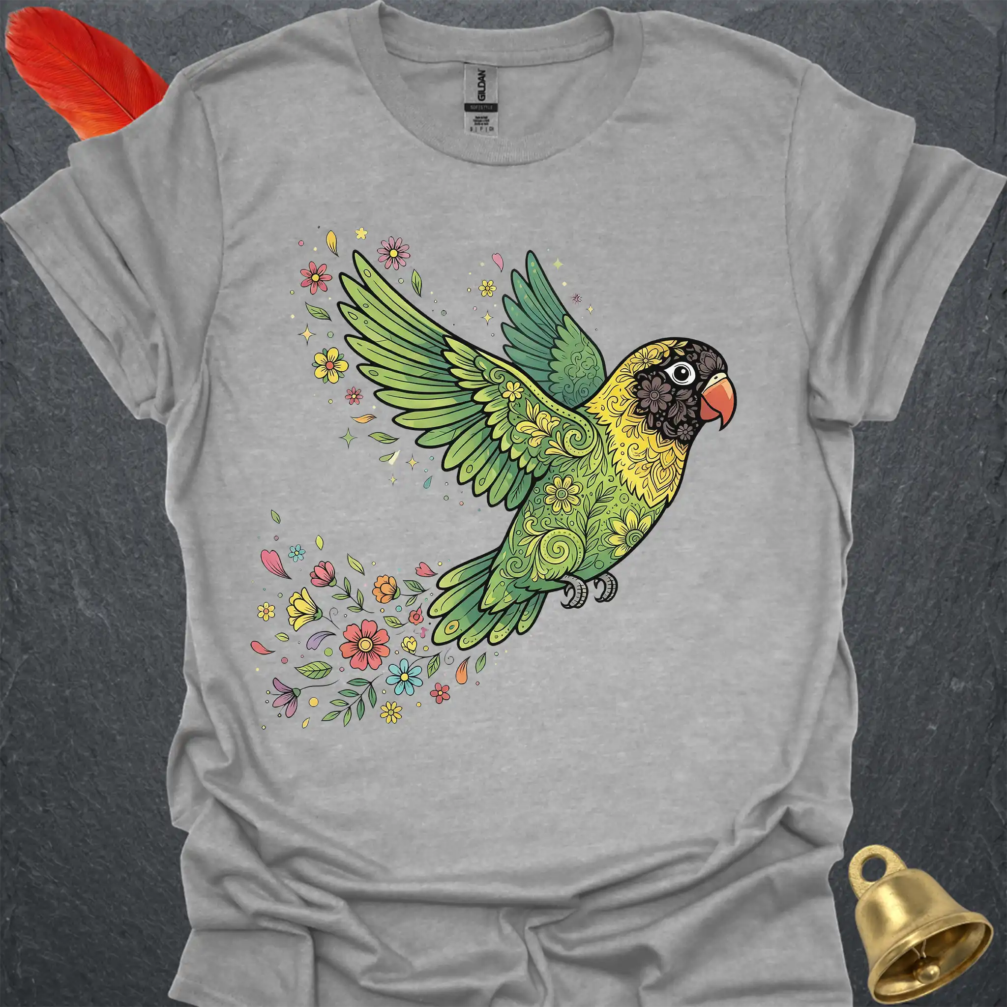 Black-Masked Lovebird Flying Flower T-Shirt