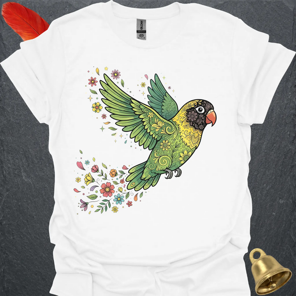 Black-Masked Lovebird Flying Flower T-Shirt