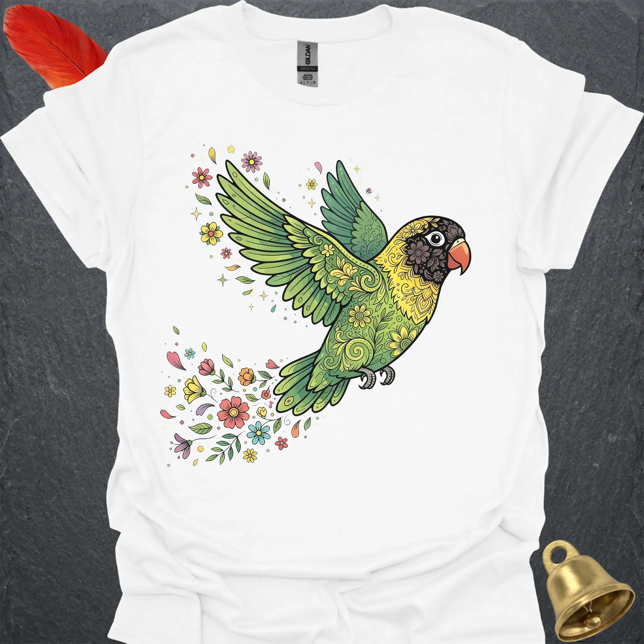 Black-Masked Lovebird Flying Flower T-Shirt