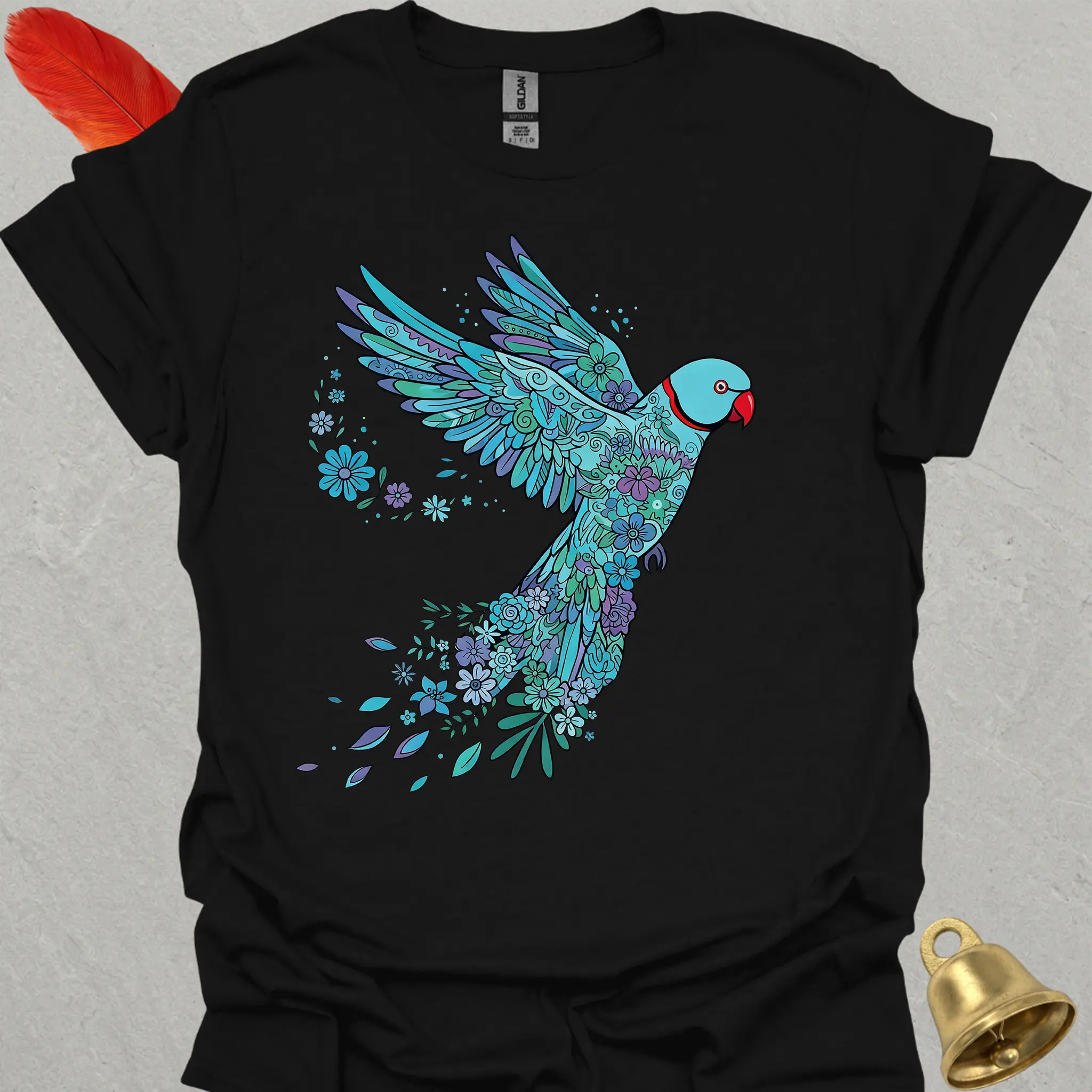 Blue Indian Ringneck Flying Flower T-Shirt