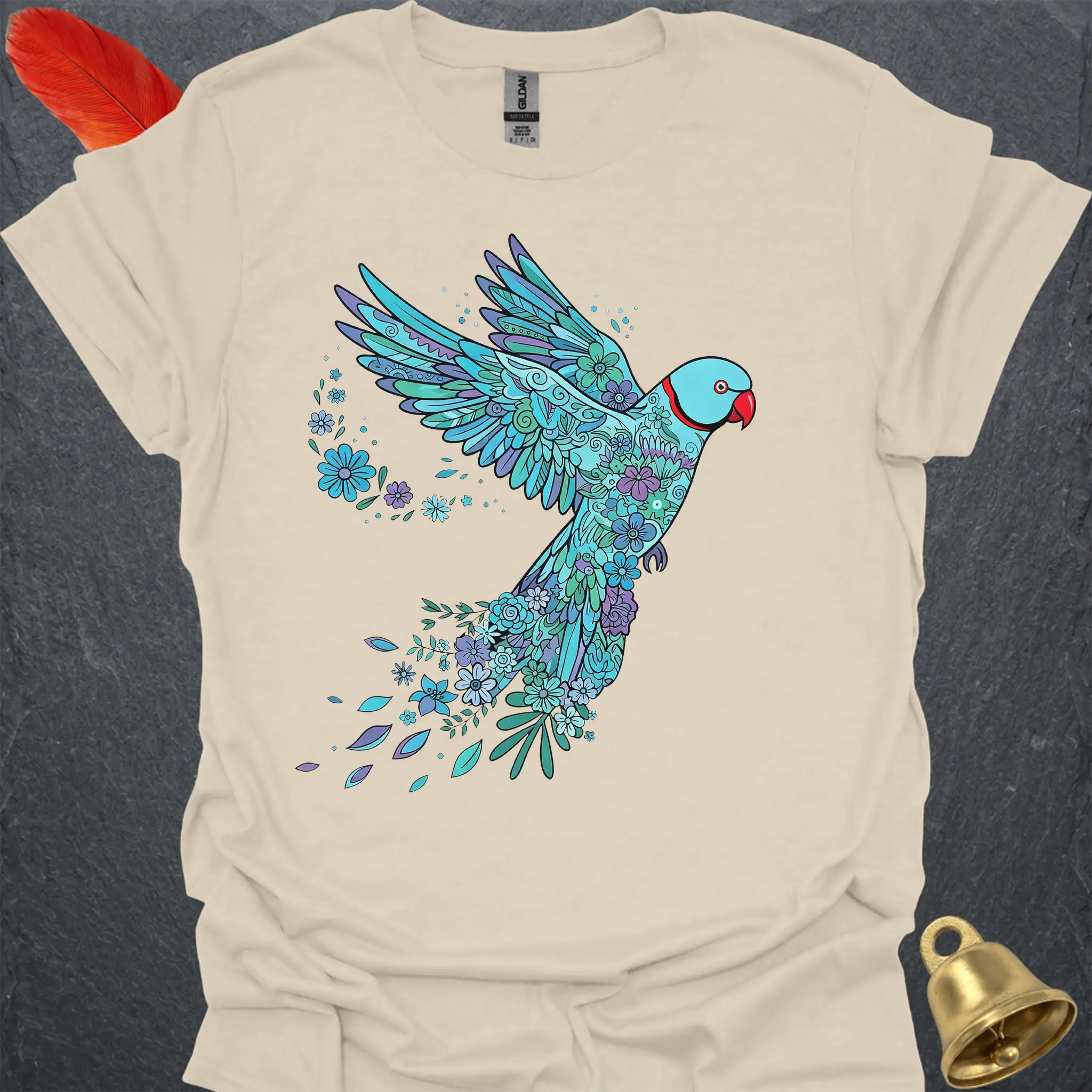 Blue Indian Ringneck Flying Flower T-Shirt