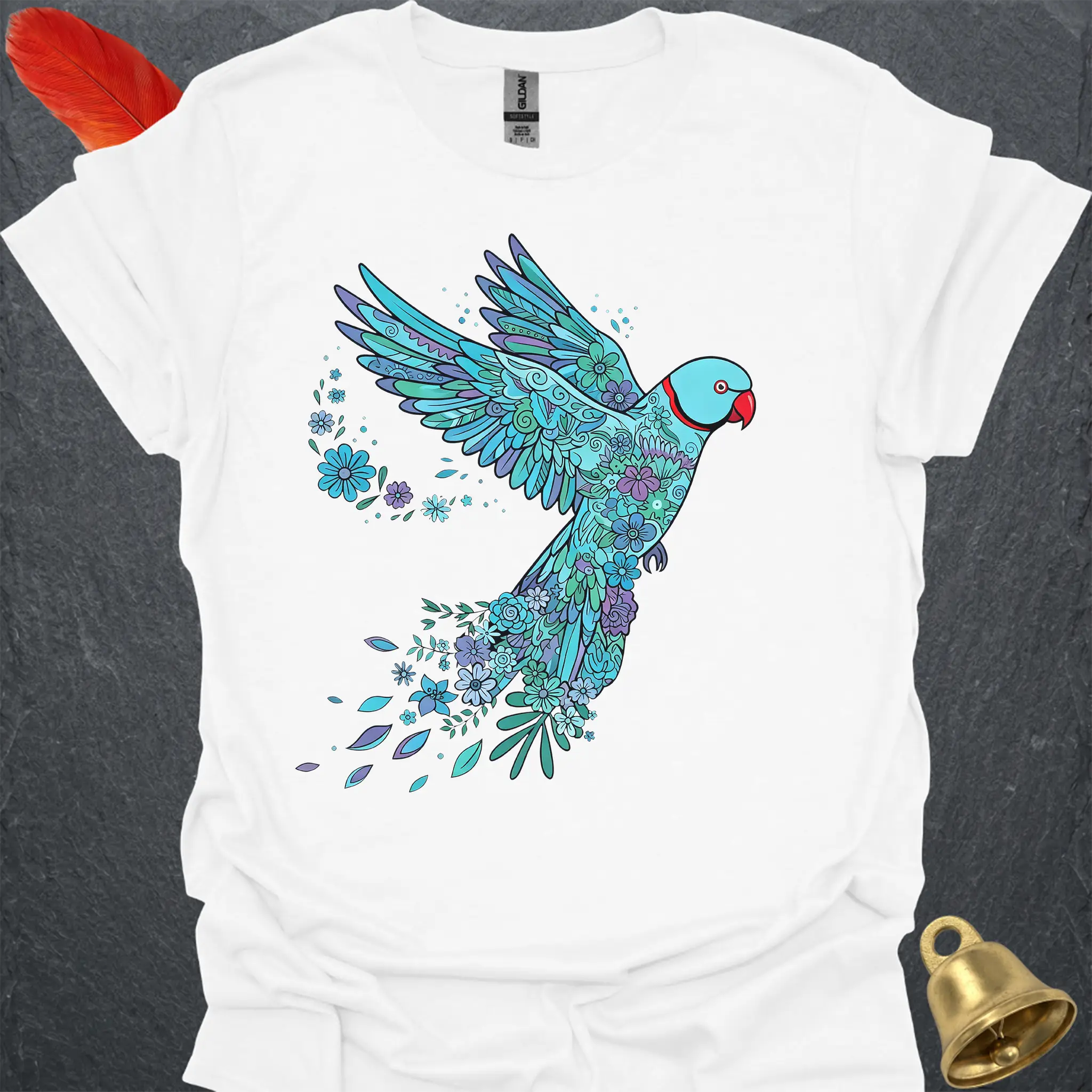 Blue Indian Ringneck Flying Flower T-Shirt