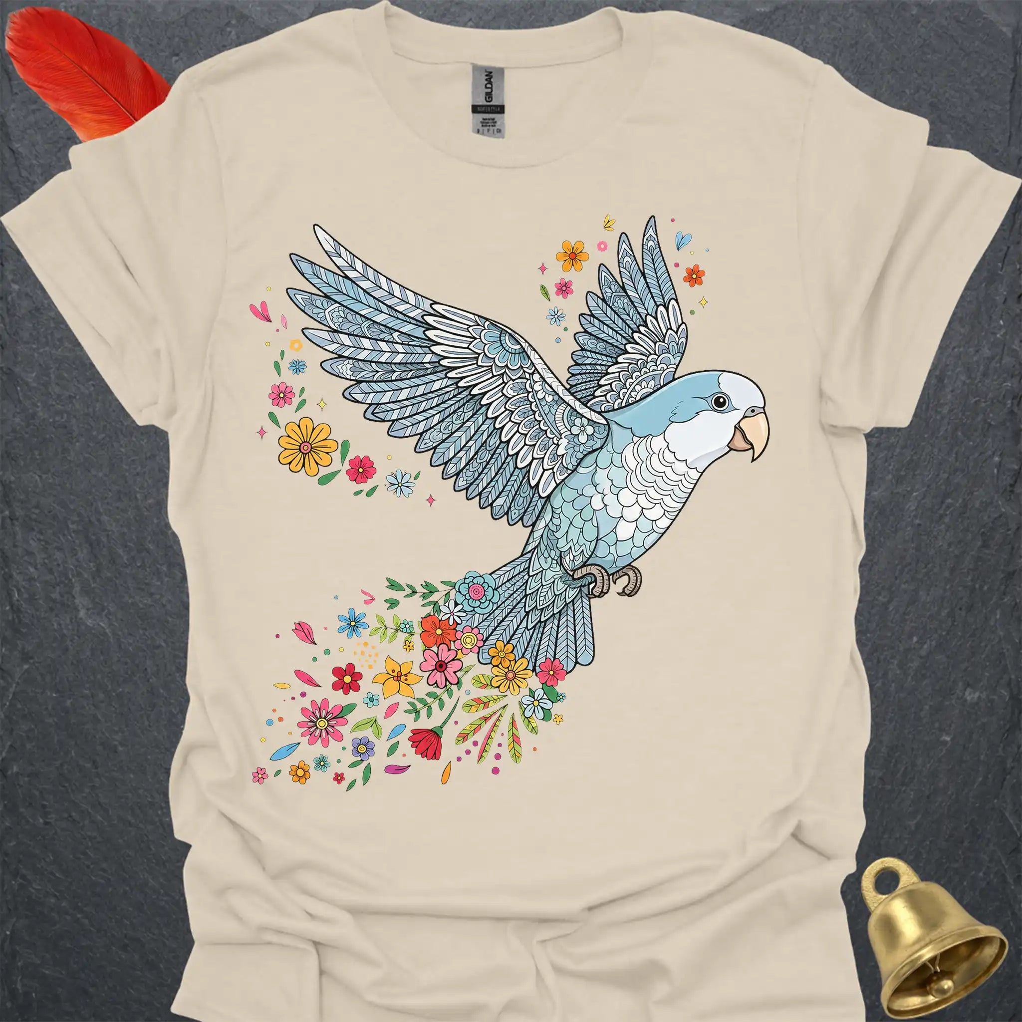 Blue Opaline Quaker Parrot Flying Flower T-Shirt