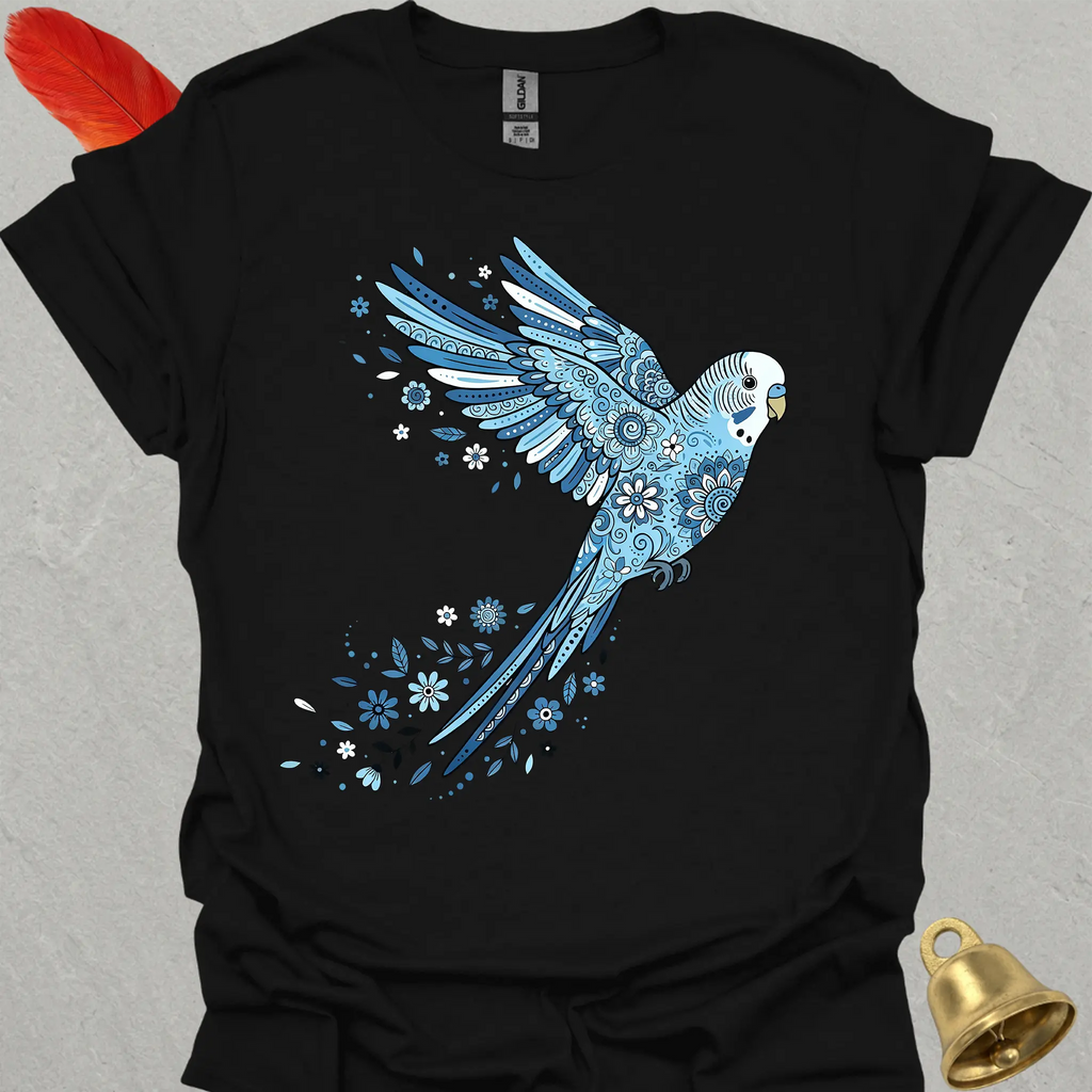Blue Parakeet Flying Flower T-Shirt