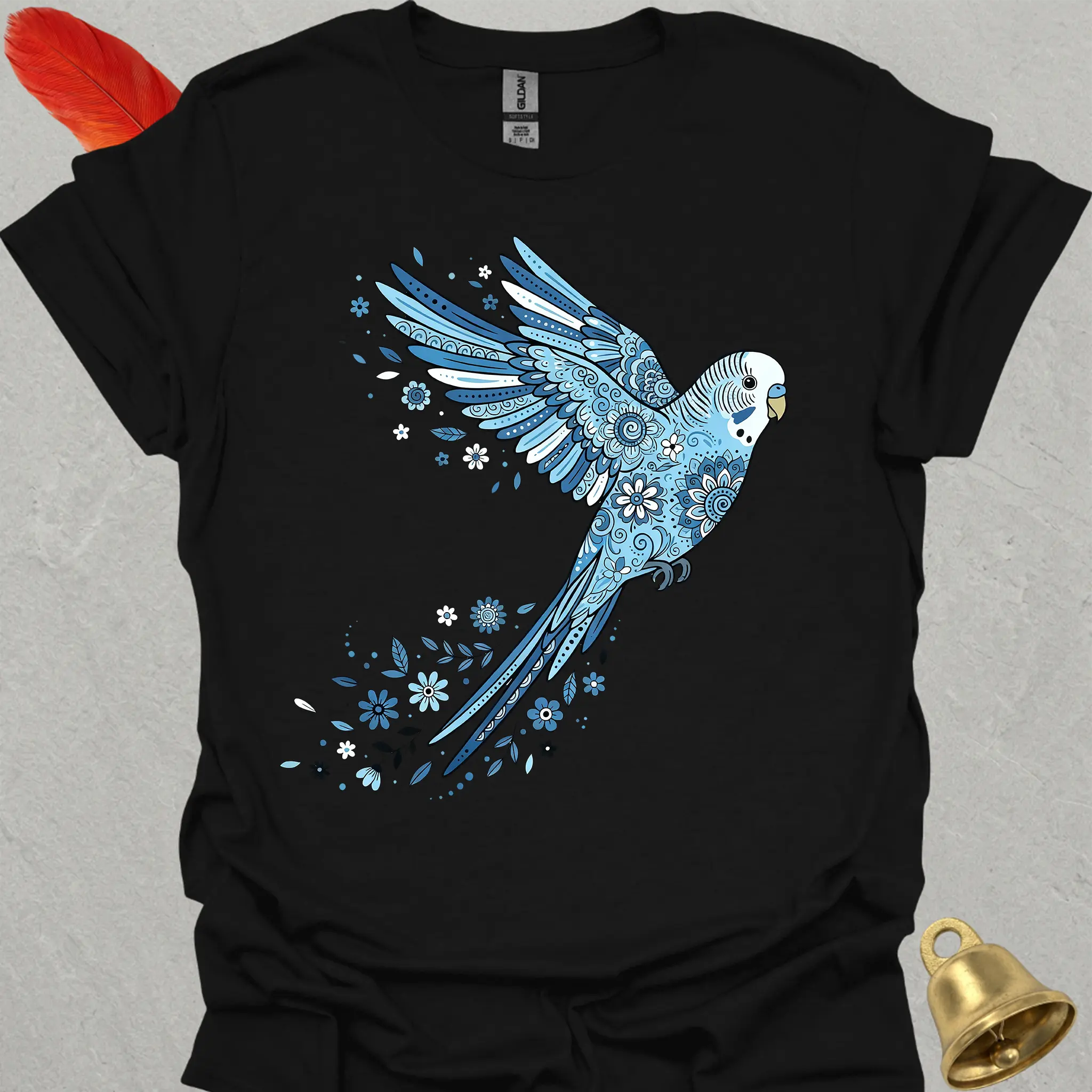 Blue Parakeet Flying Flower T-Shirt
