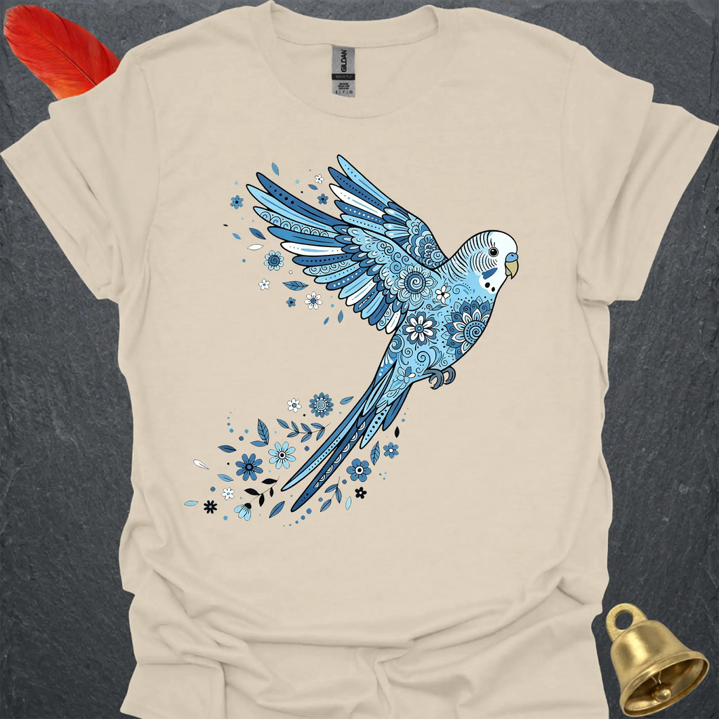 Blue Parakeet Flying Flower T-Shirt