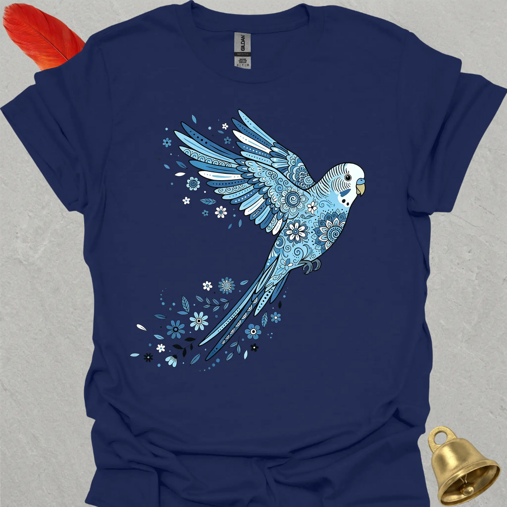 Blue Parakeet Flying Flower T-Shirt