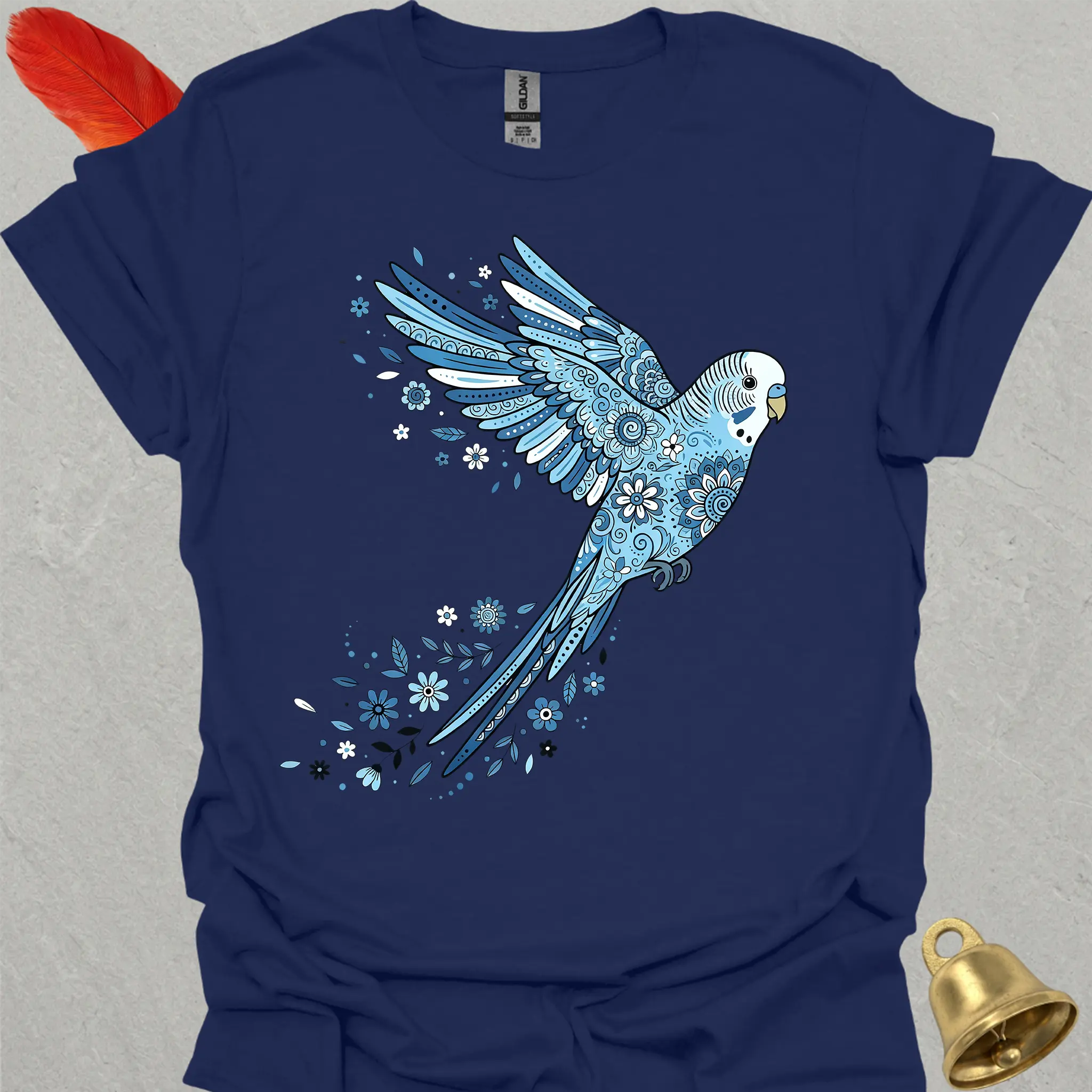 Blue Parakeet Flying Flower T-Shirt
