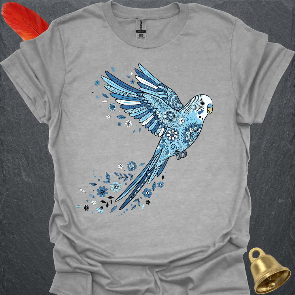 Blue Parakeet Flying Flower T-Shirt