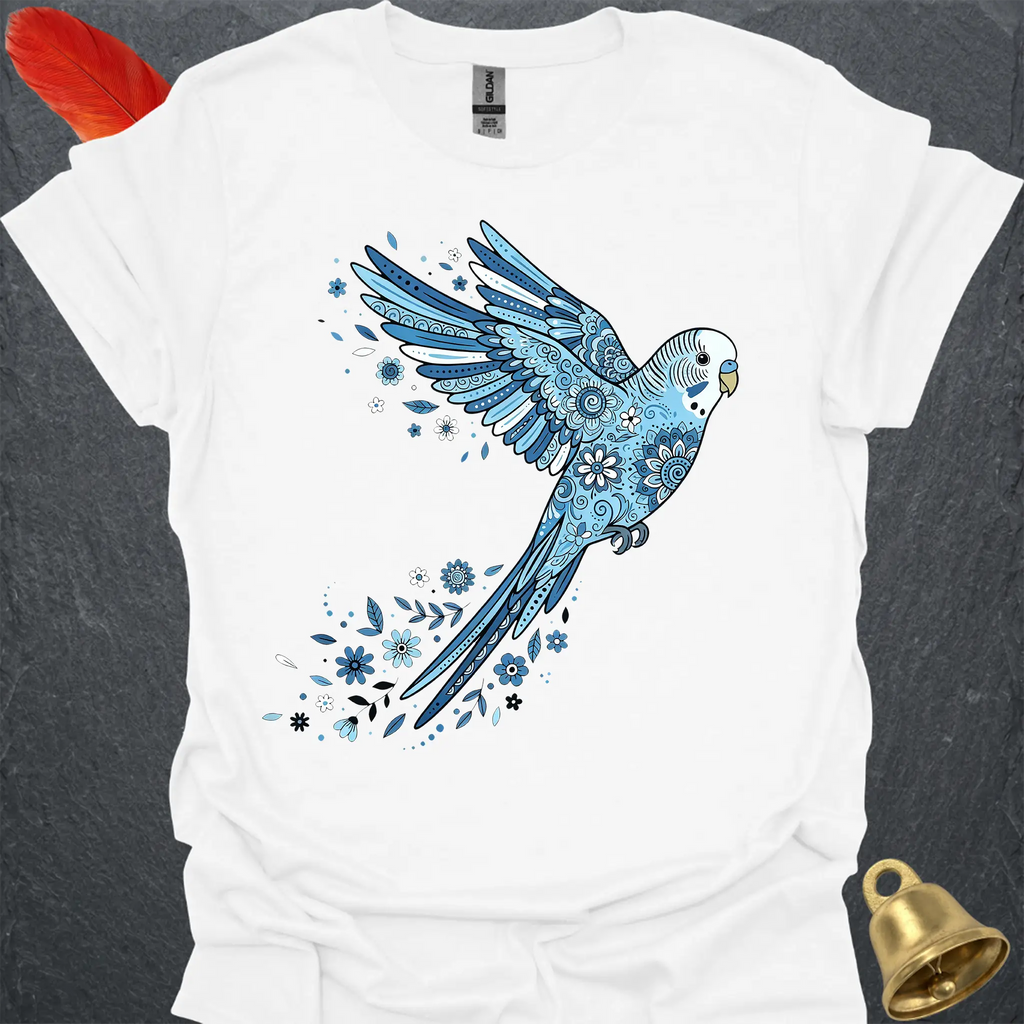 Blue Parakeet Flying Flower T-Shirt