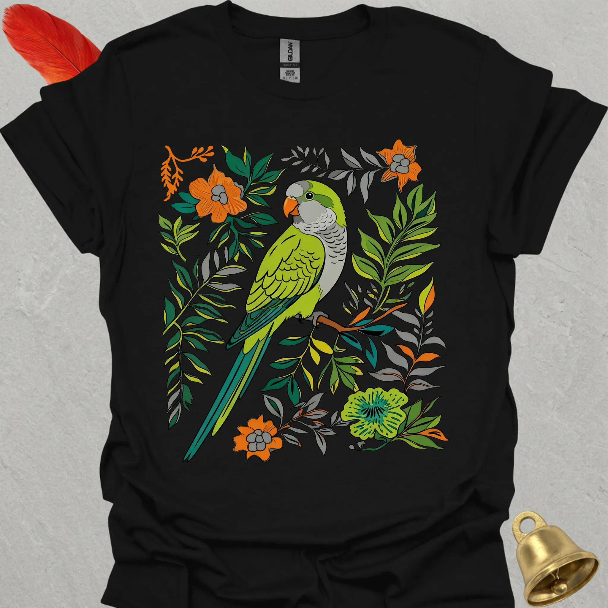 Green Quaker Parrot Boho Flower T-Shirt