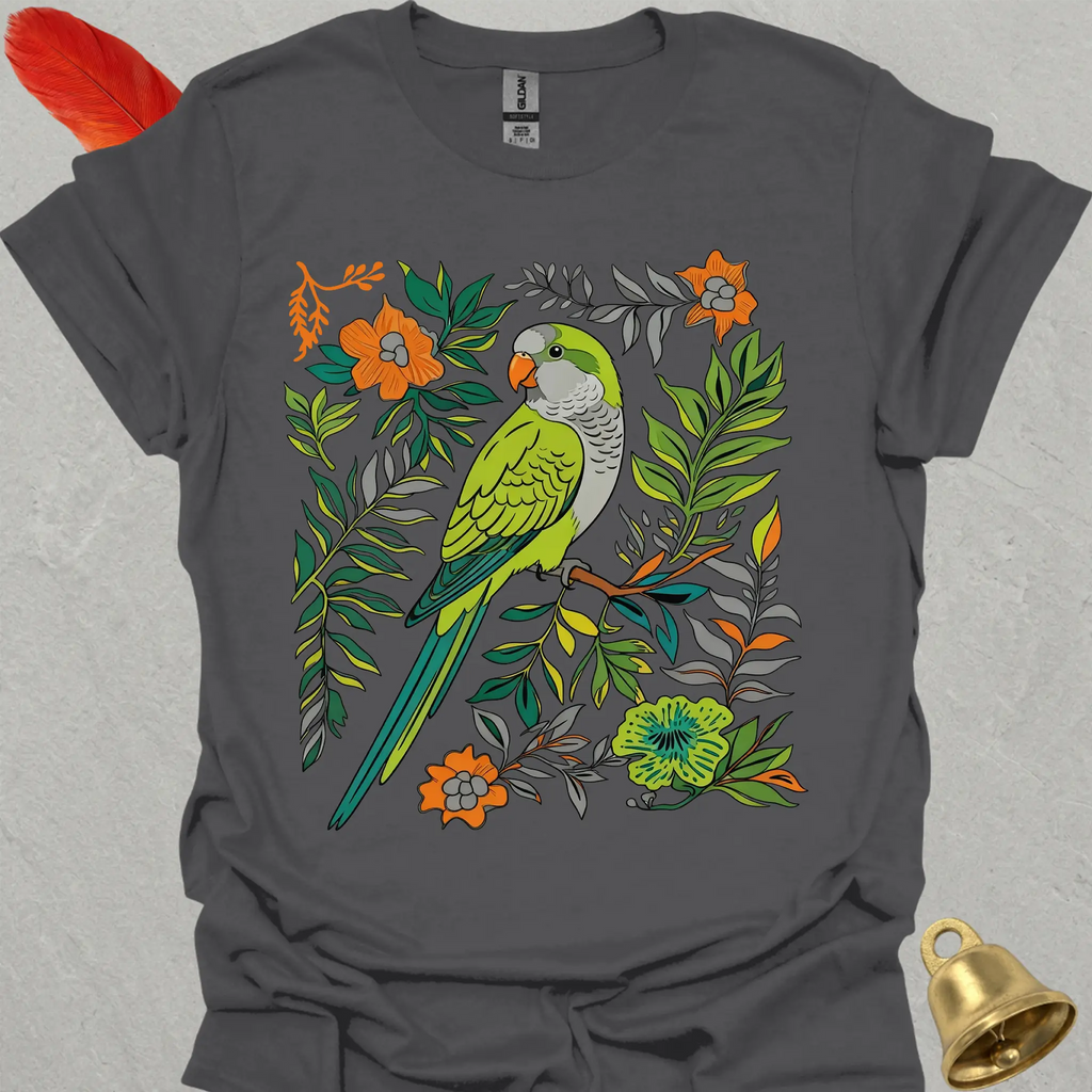 Green Quaker Parrot Boho Flower T-Shirt