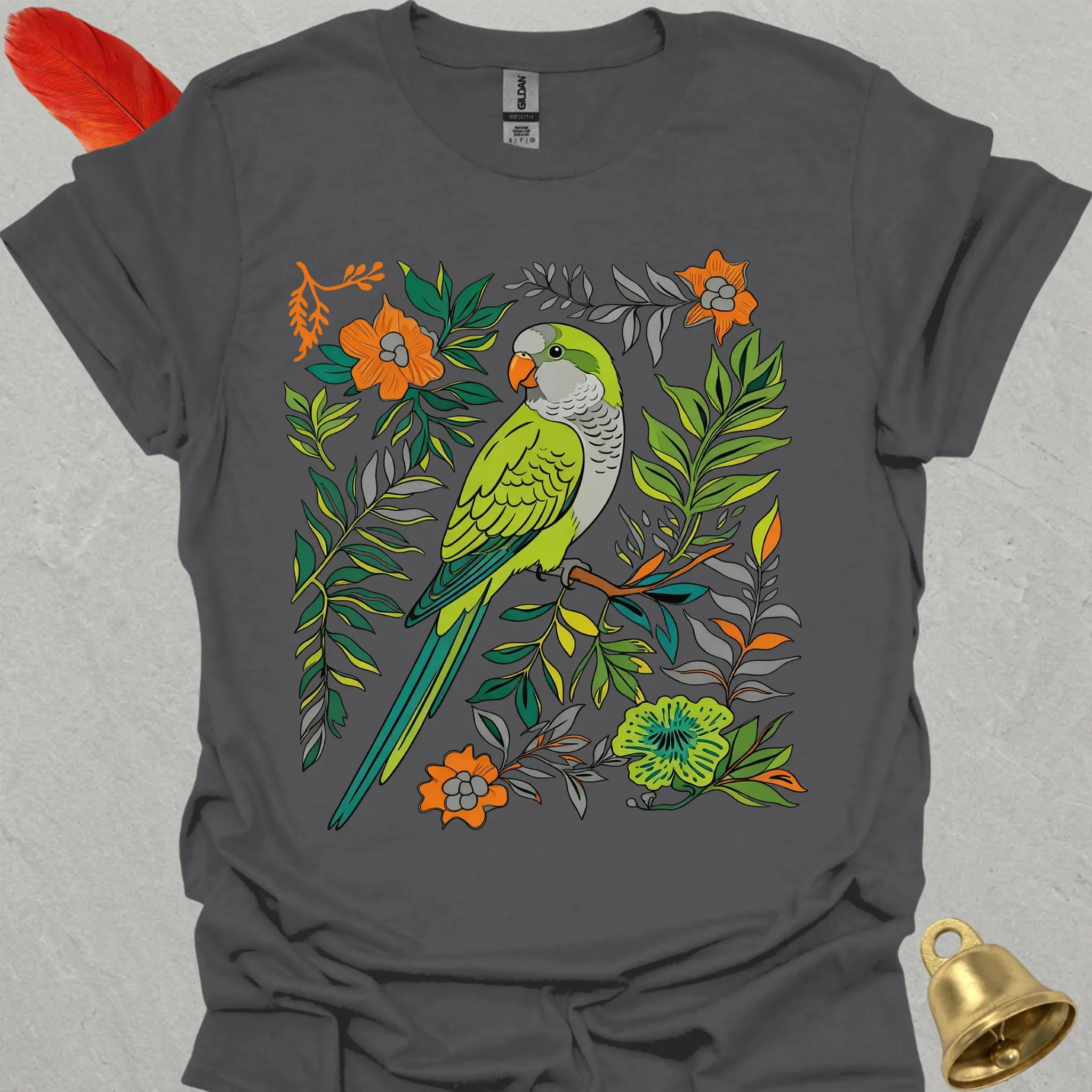 Green Quaker Parrot Boho Flower T-Shirt
