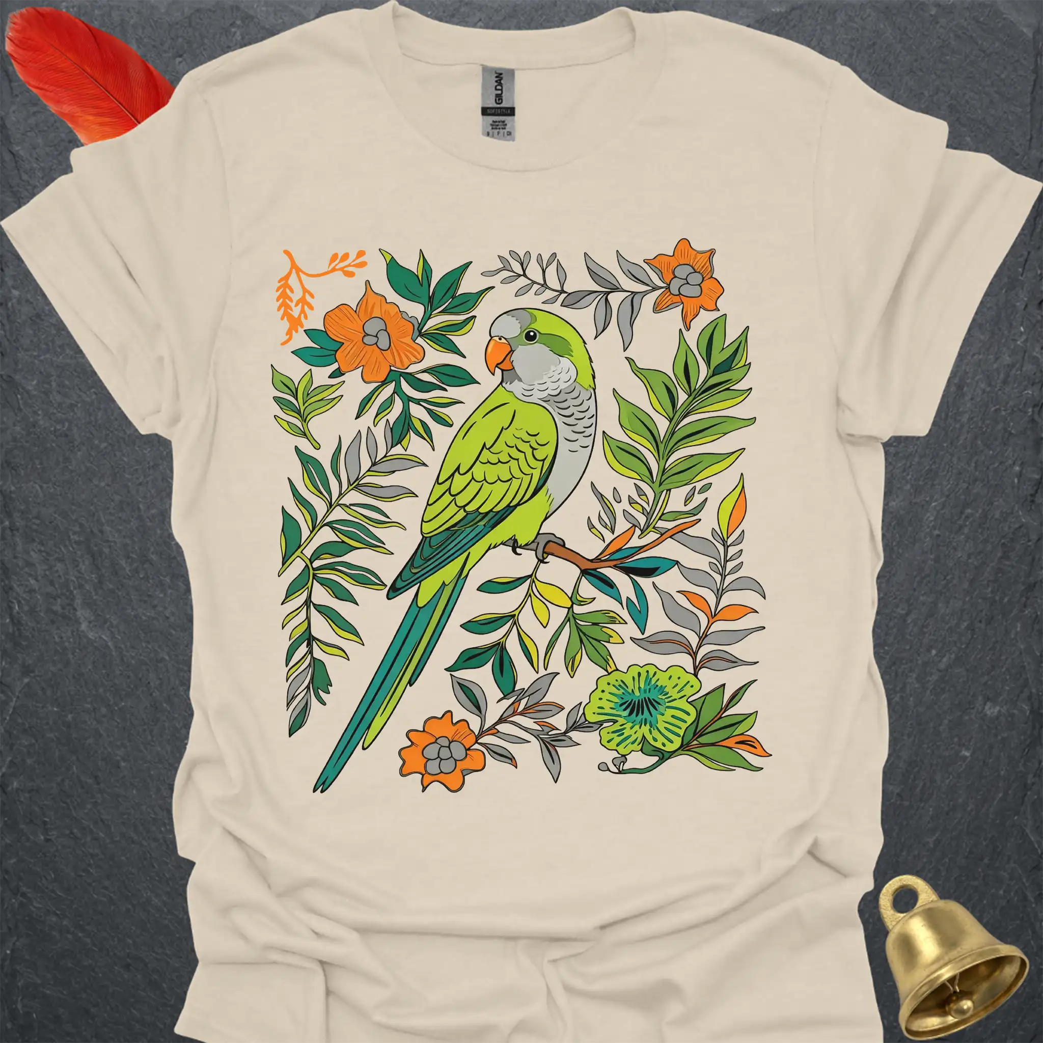 Green Quaker Parrot Boho Flower T-Shirt