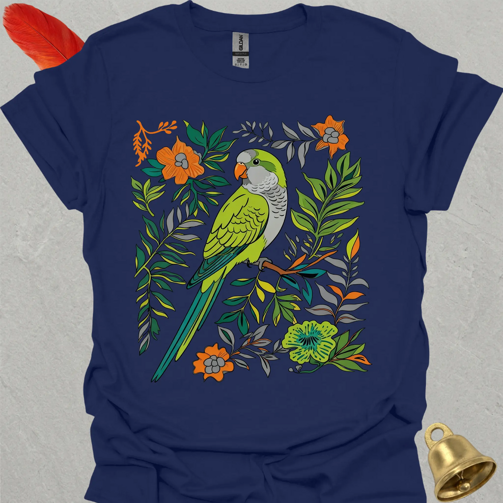 Green Quaker Parrot Boho Flower T-Shirt