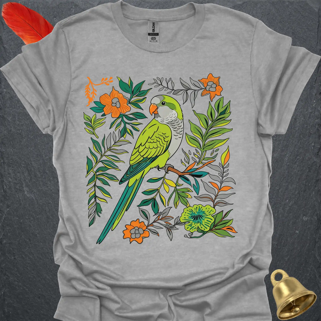 Green Quaker Parrot Boho Flower T-Shirt