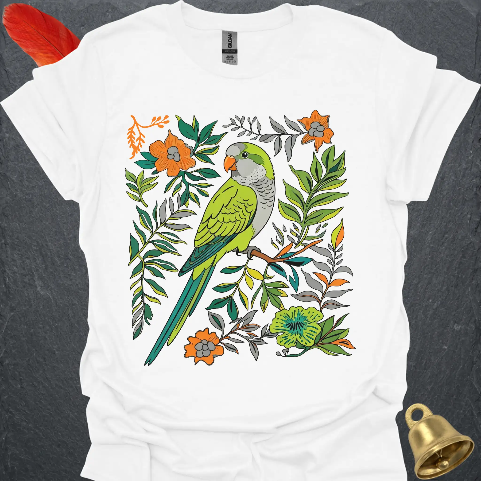Green Quaker Parrot Boho Flower T-Shirt