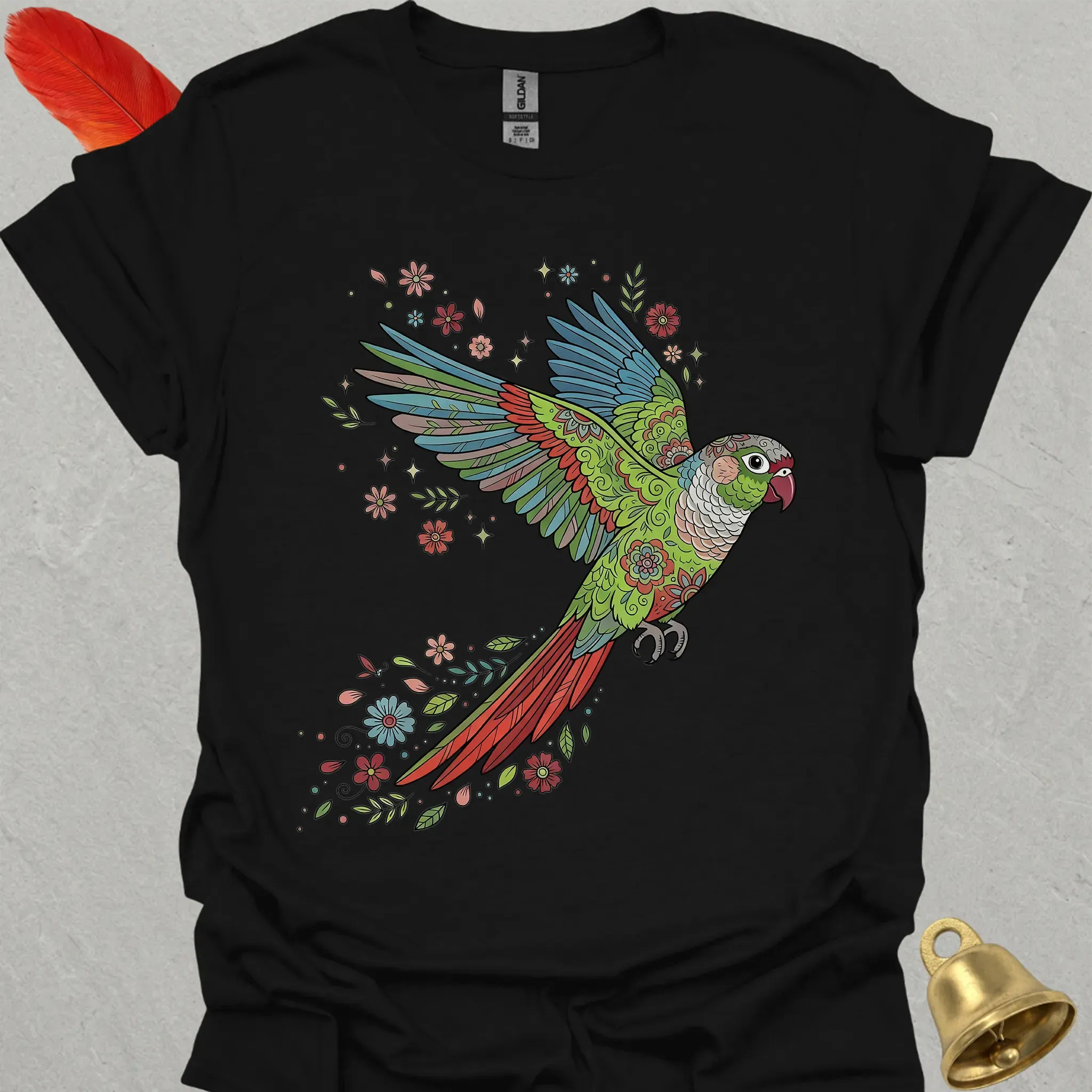 Green Cheek Conure Flying Flower T-Shirt