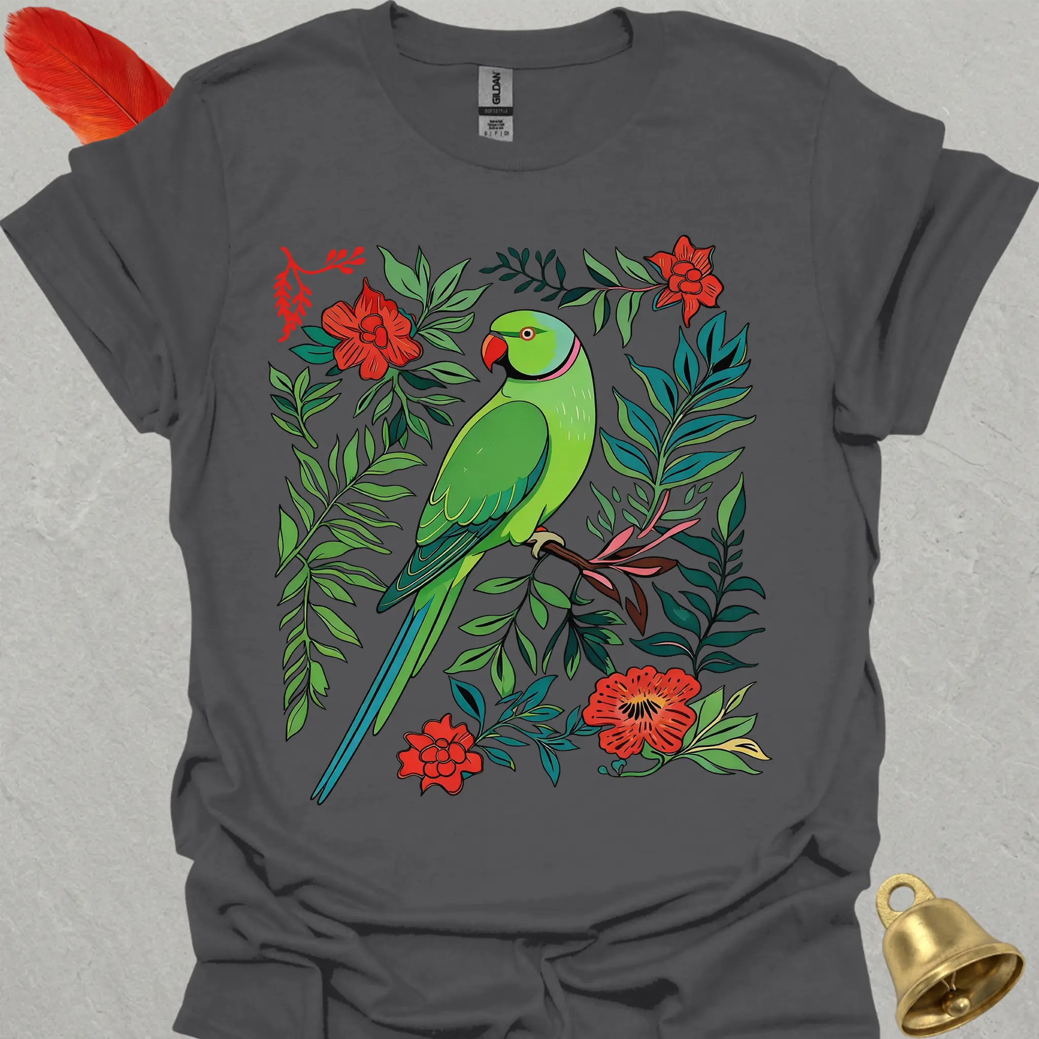 Green Indian Ringneck Boho Flower T-Shirt