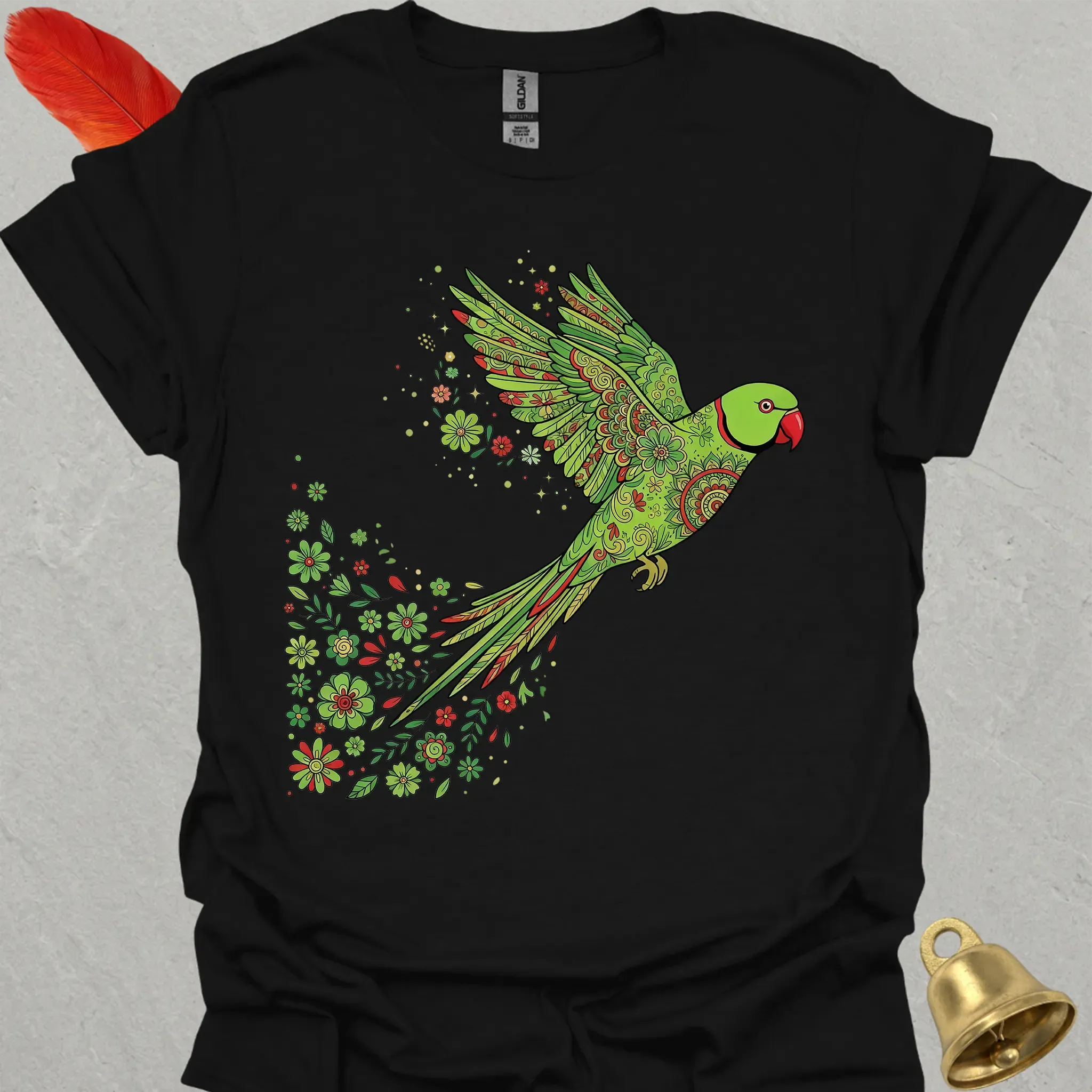 Green Indian Ringneck Flying Flower T-Shirt