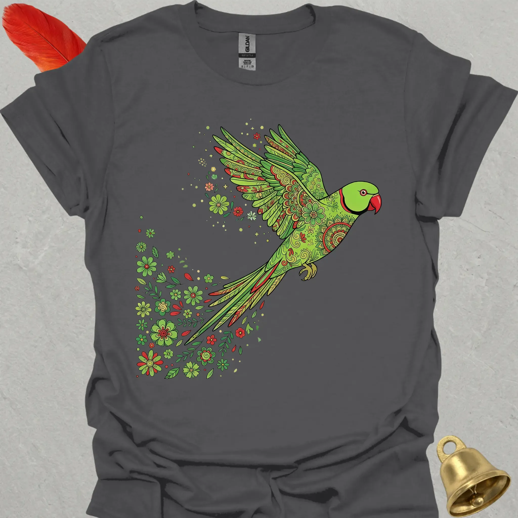 Green Indian Ringneck Flying Flower T-Shirt