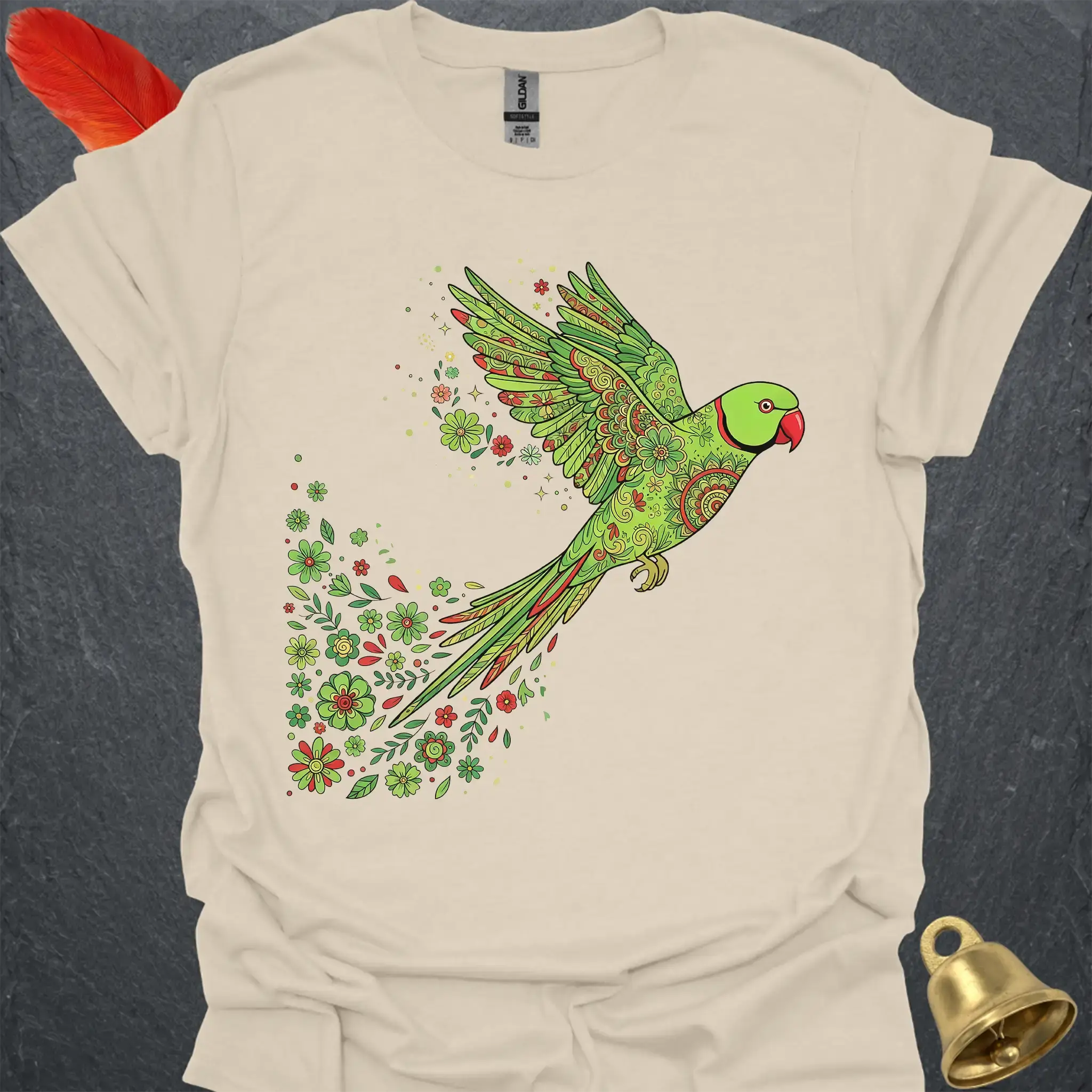 Green Indian Ringneck Flying Flower T-Shirt