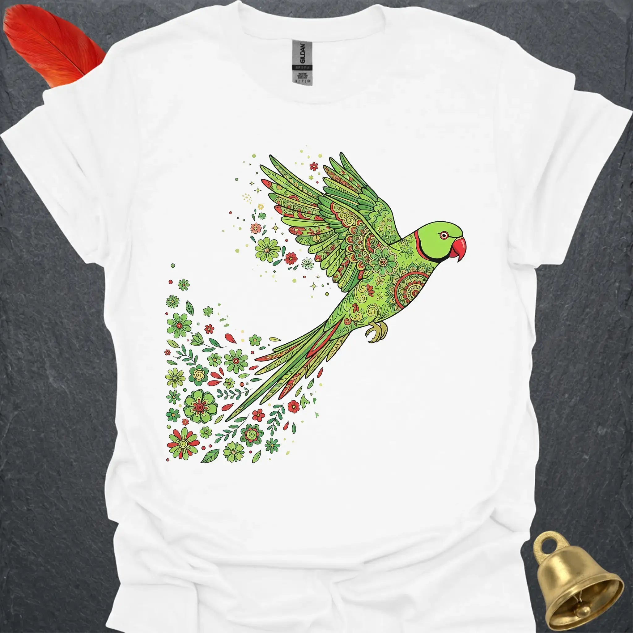 Green Indian Ringneck Flying Flower T-Shirt