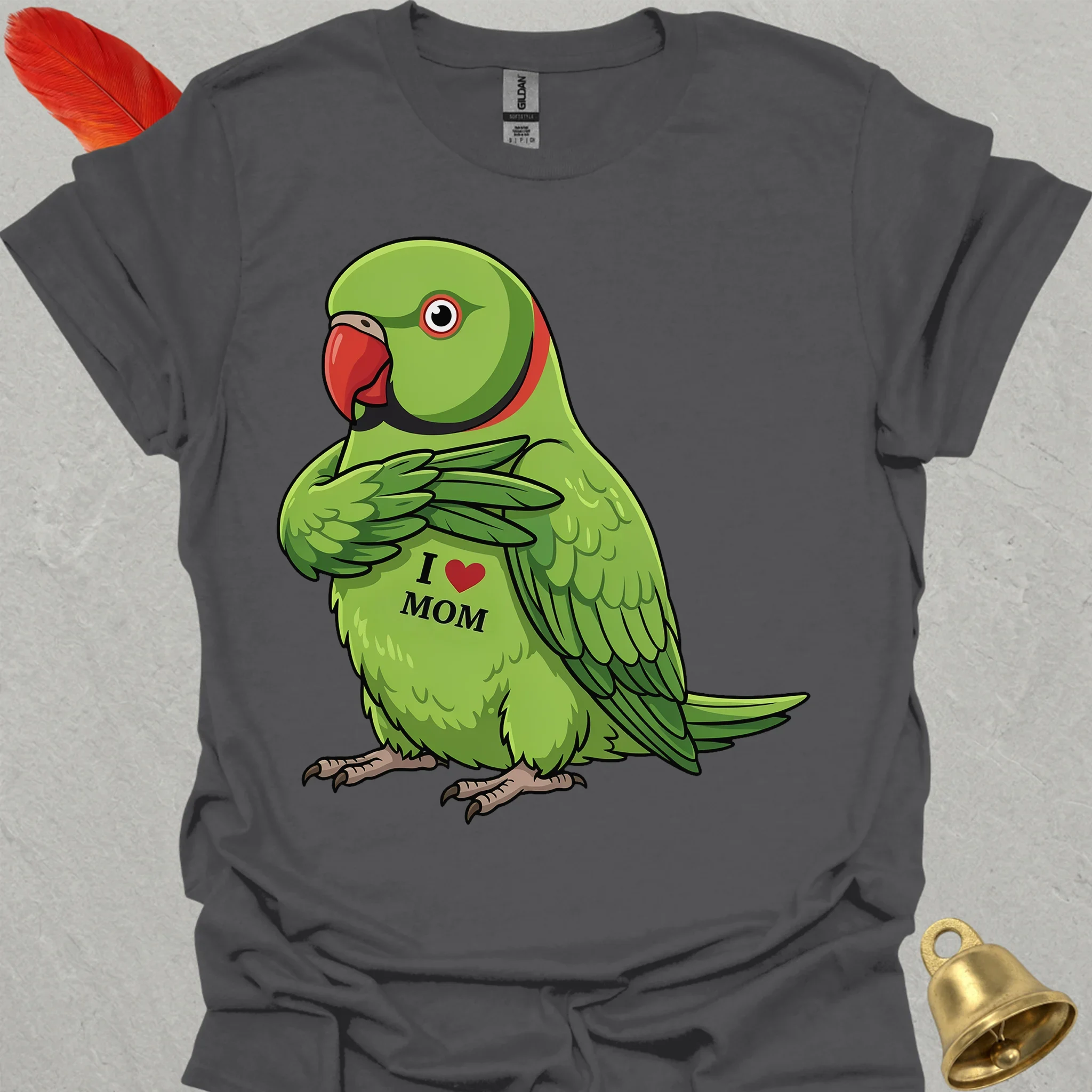 Green Indian Ringneck I Love Mom T-Shirt