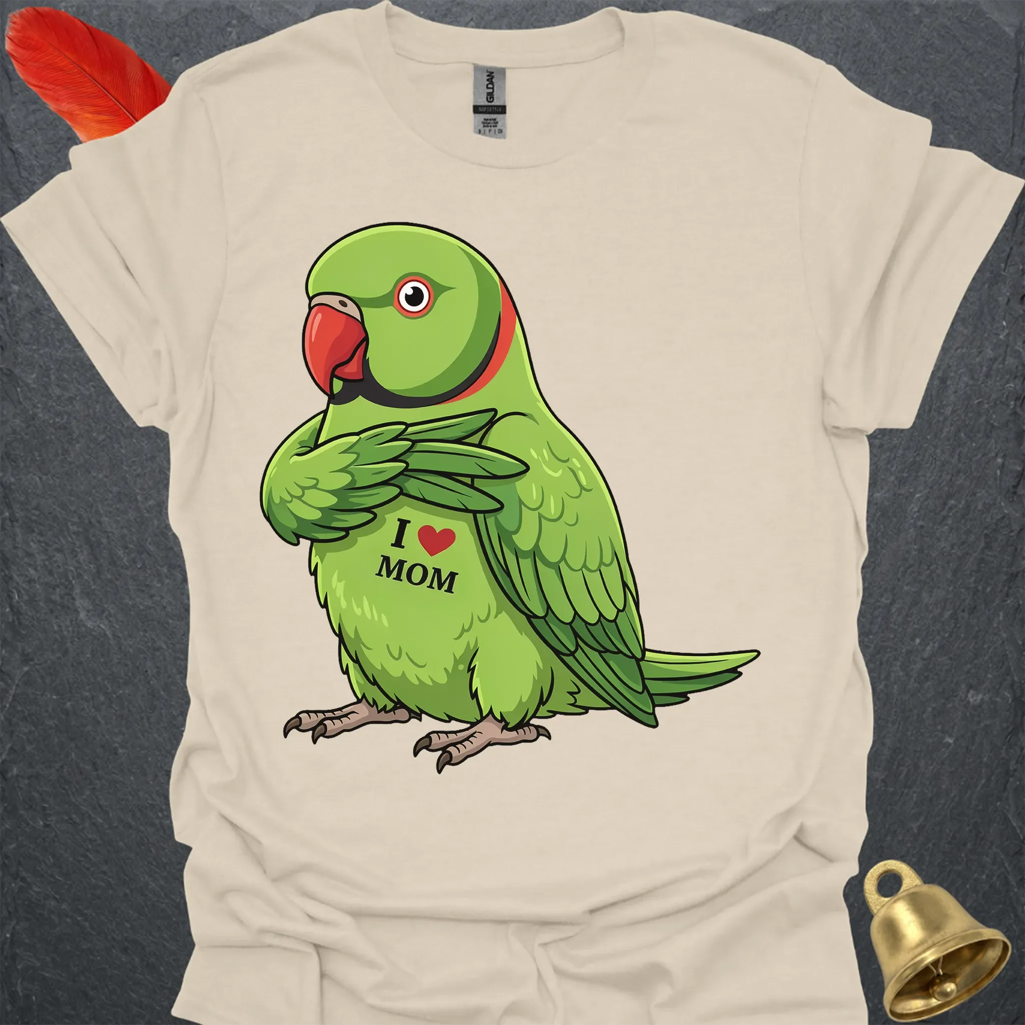 Green Indian Ringneck I Love Mom T-Shirt