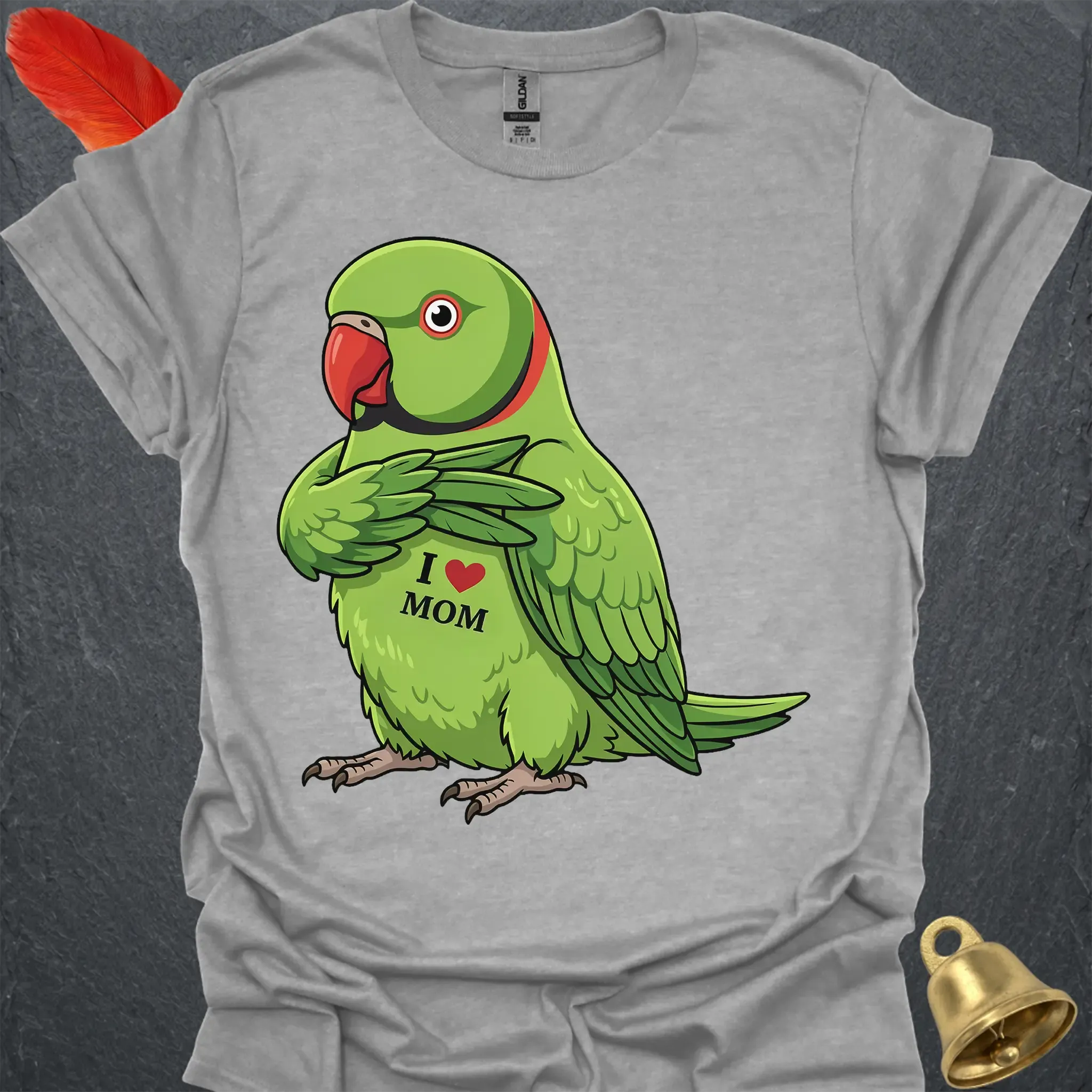Green Indian Ringneck I Love Mom T-Shirt