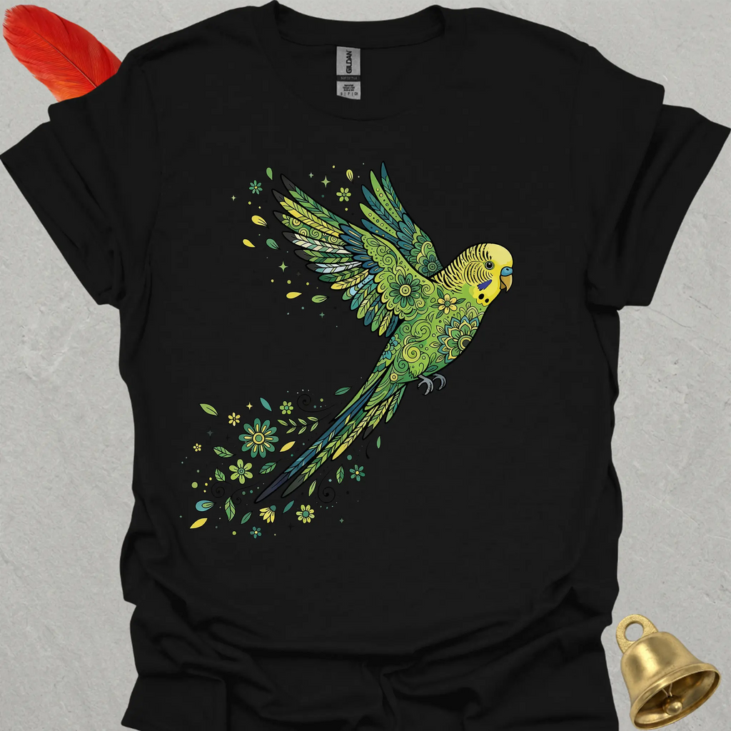 Green Parakeet Flying Flower T-Shirt