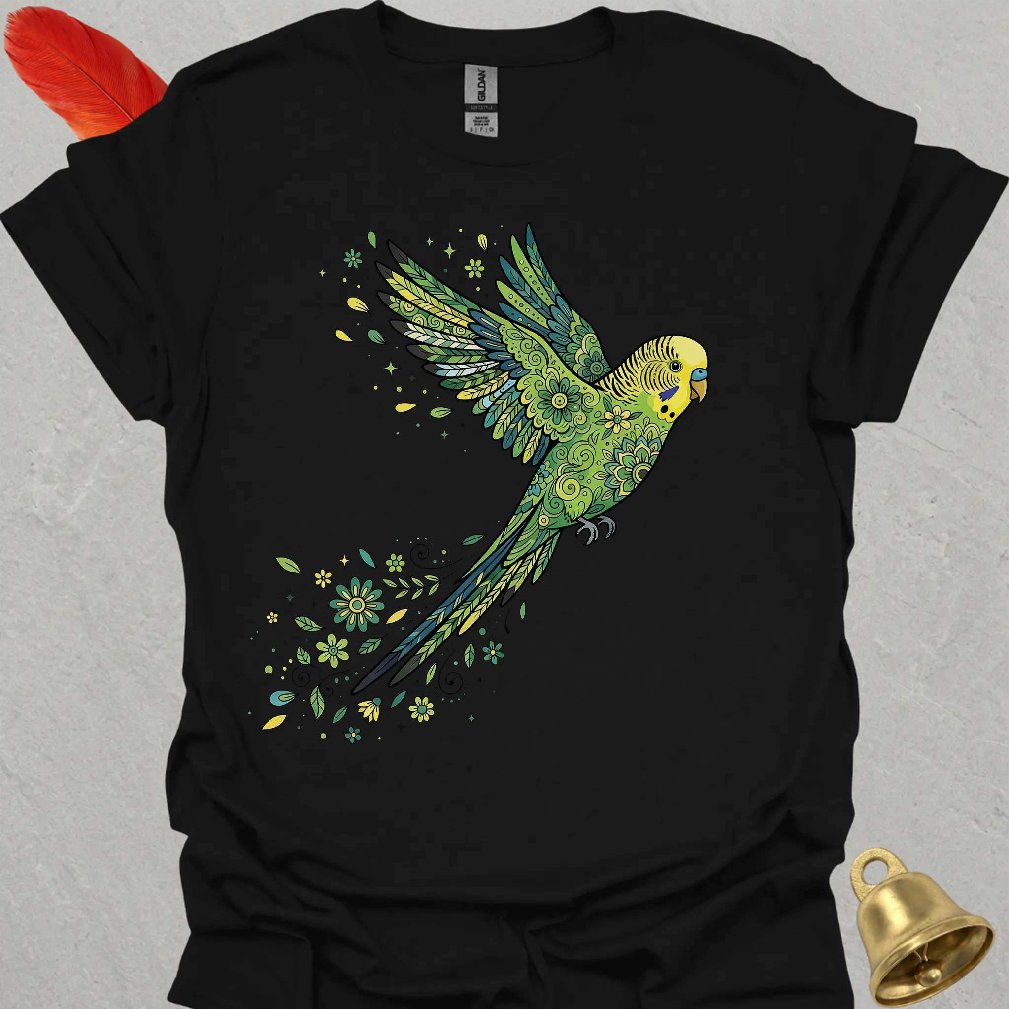 Green Parakeet Flying Flower T-Shirt