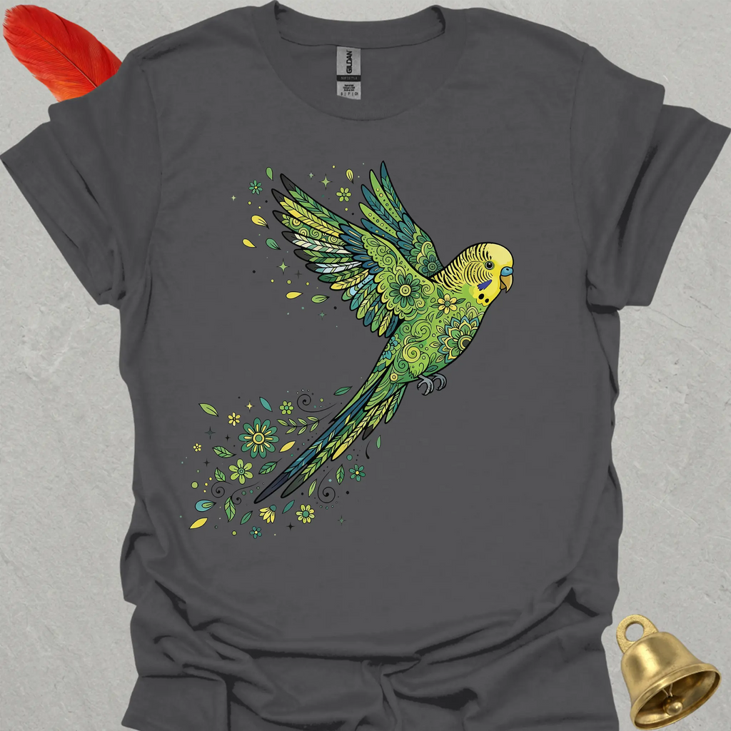 Green Parakeet Flying Flower T-Shirt