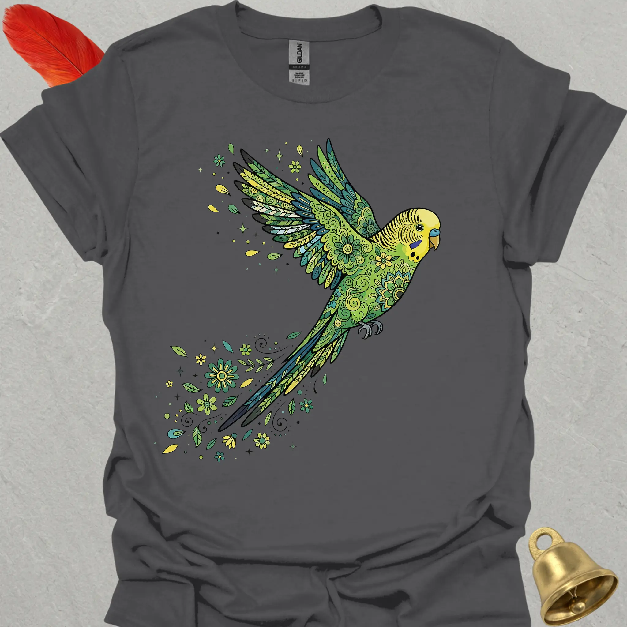Green Parakeet Flying Flower T-Shirt