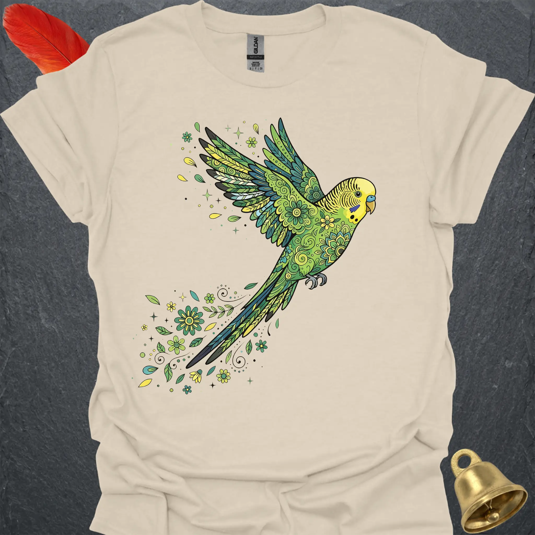 Green Parakeet Flying Flower T-Shirt