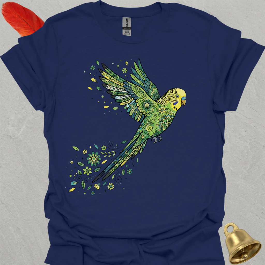 Green Parakeet Flying Flower T-Shirt