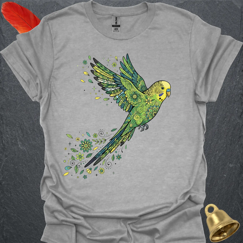Green Parakeet Flying Flower T-Shirt