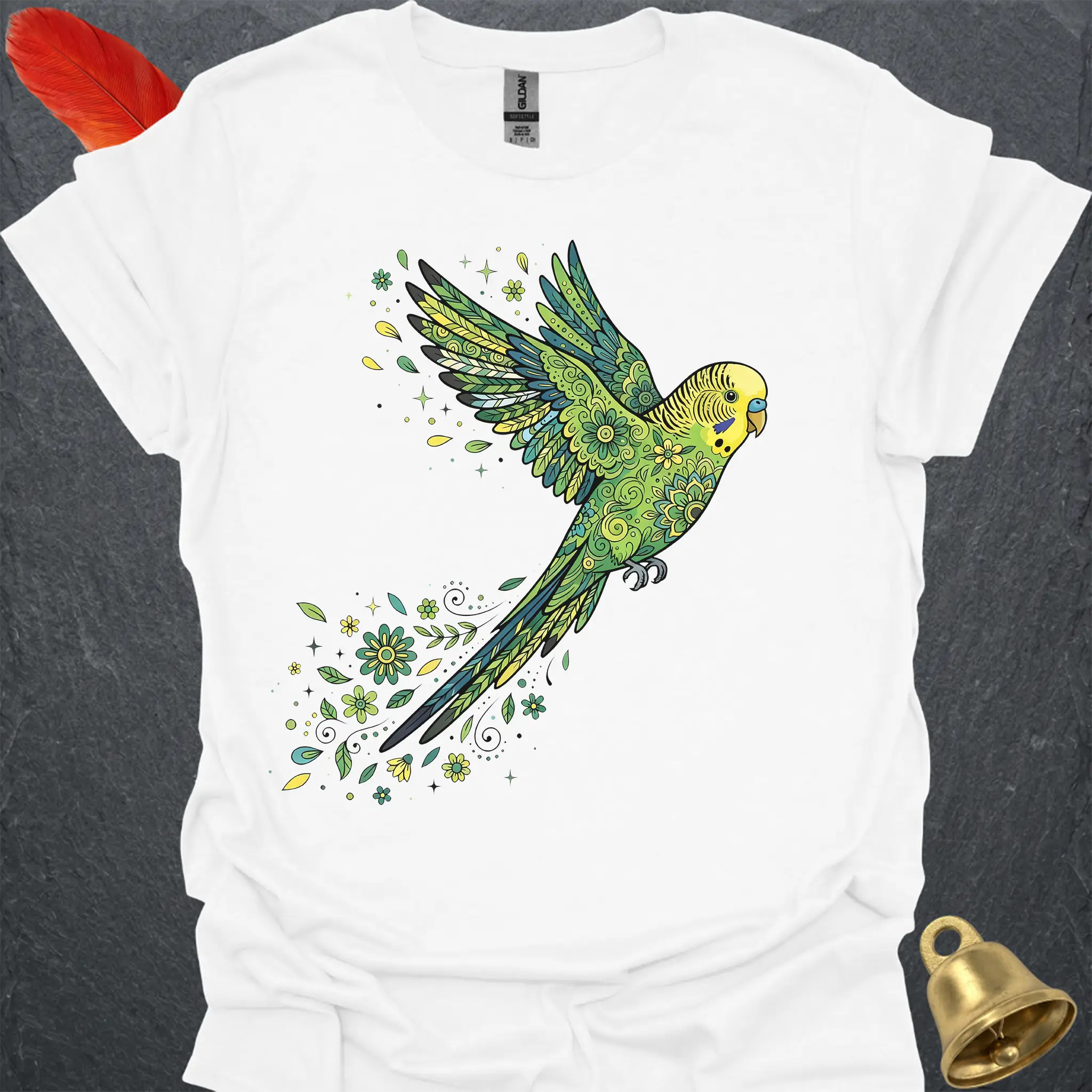 Green Parakeet Flying Flower T-Shirt
