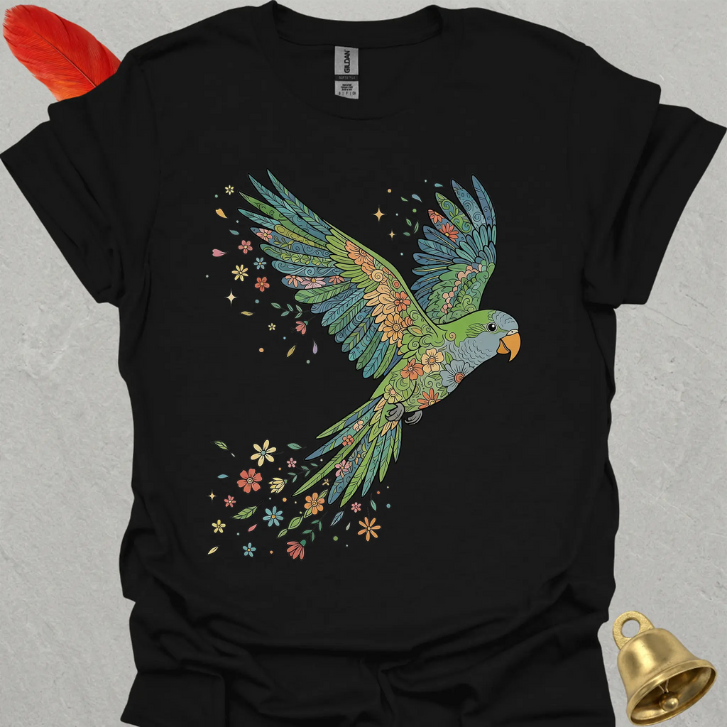 Green Quaker Parrot Flying Flower T-Shirt