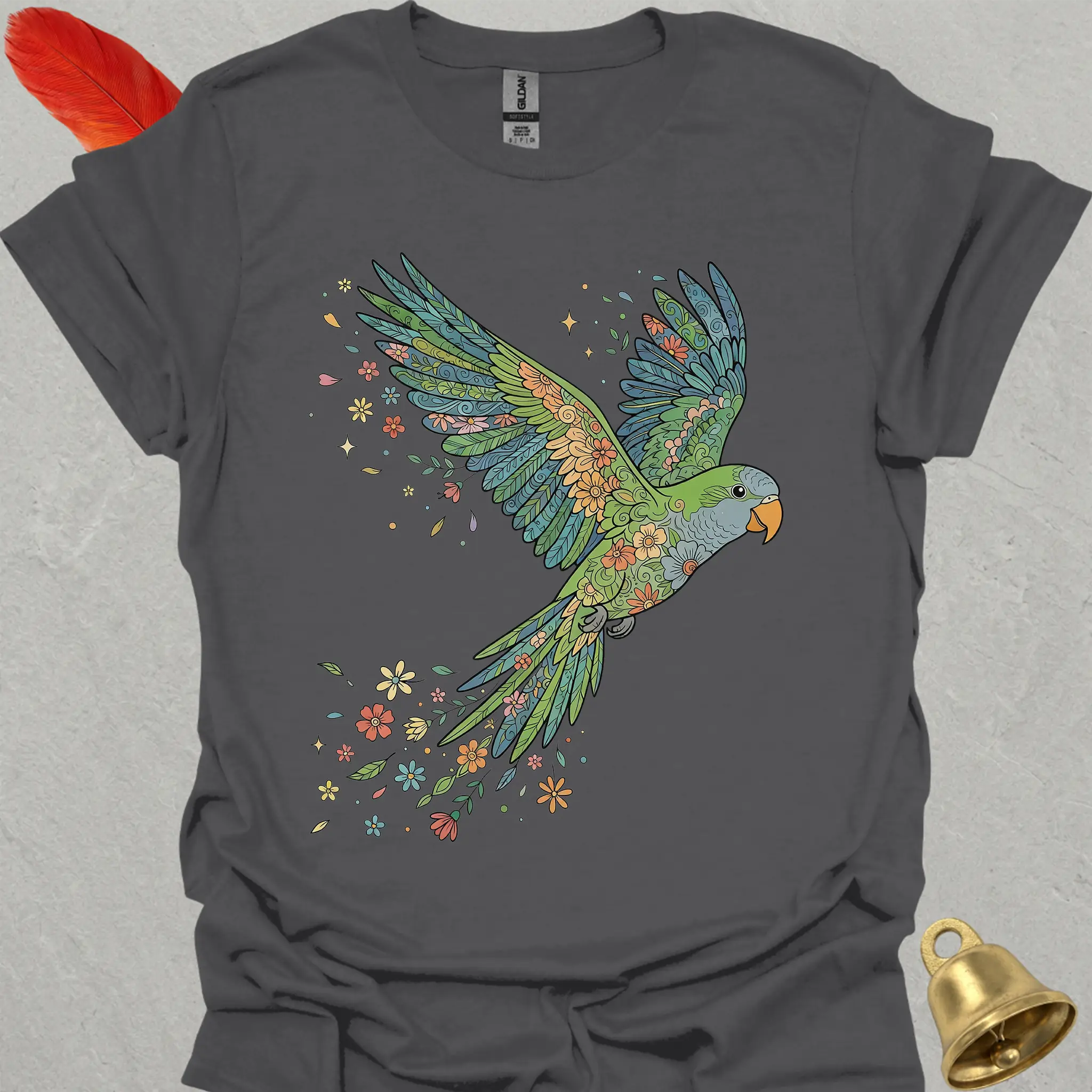 Green Quaker Parrot Flying Flower T-Shirt